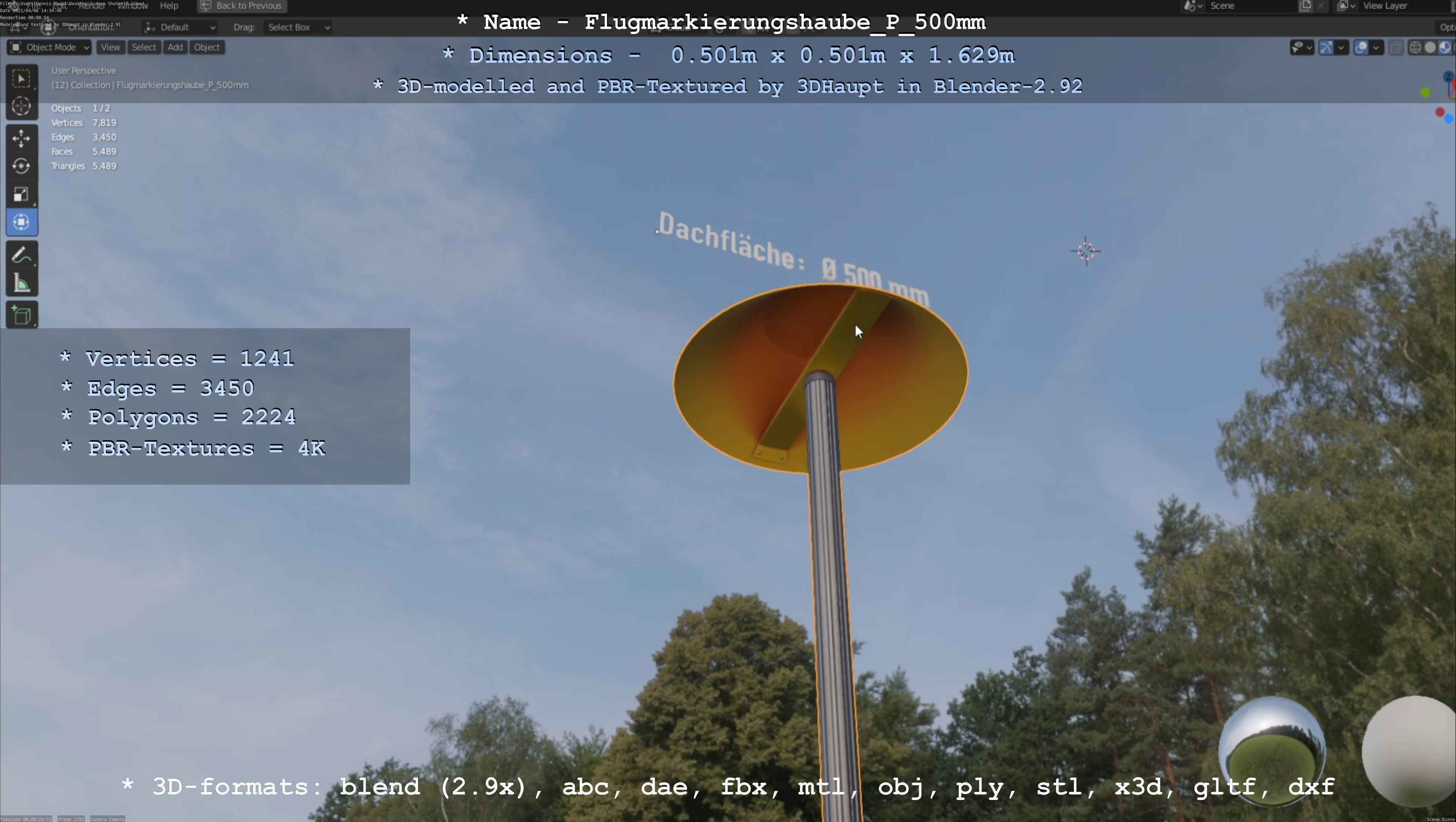 Flugmarkierungshaube mit Aluminiumpfosten 500mm Low-poly 3D model_14