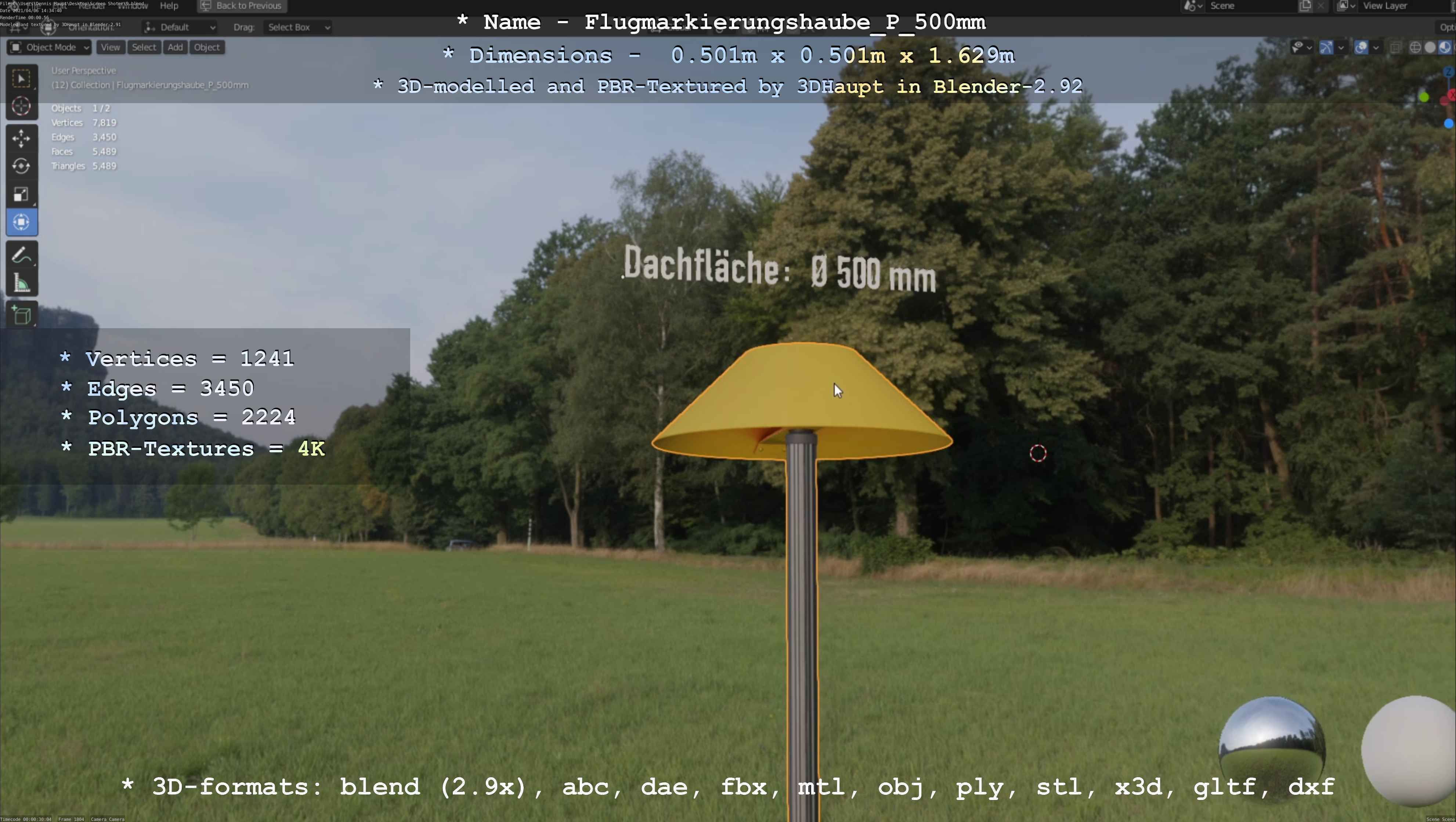 Flugmarkierungshaube mit Aluminiumpfosten 500mm Low-poly 3D model_15