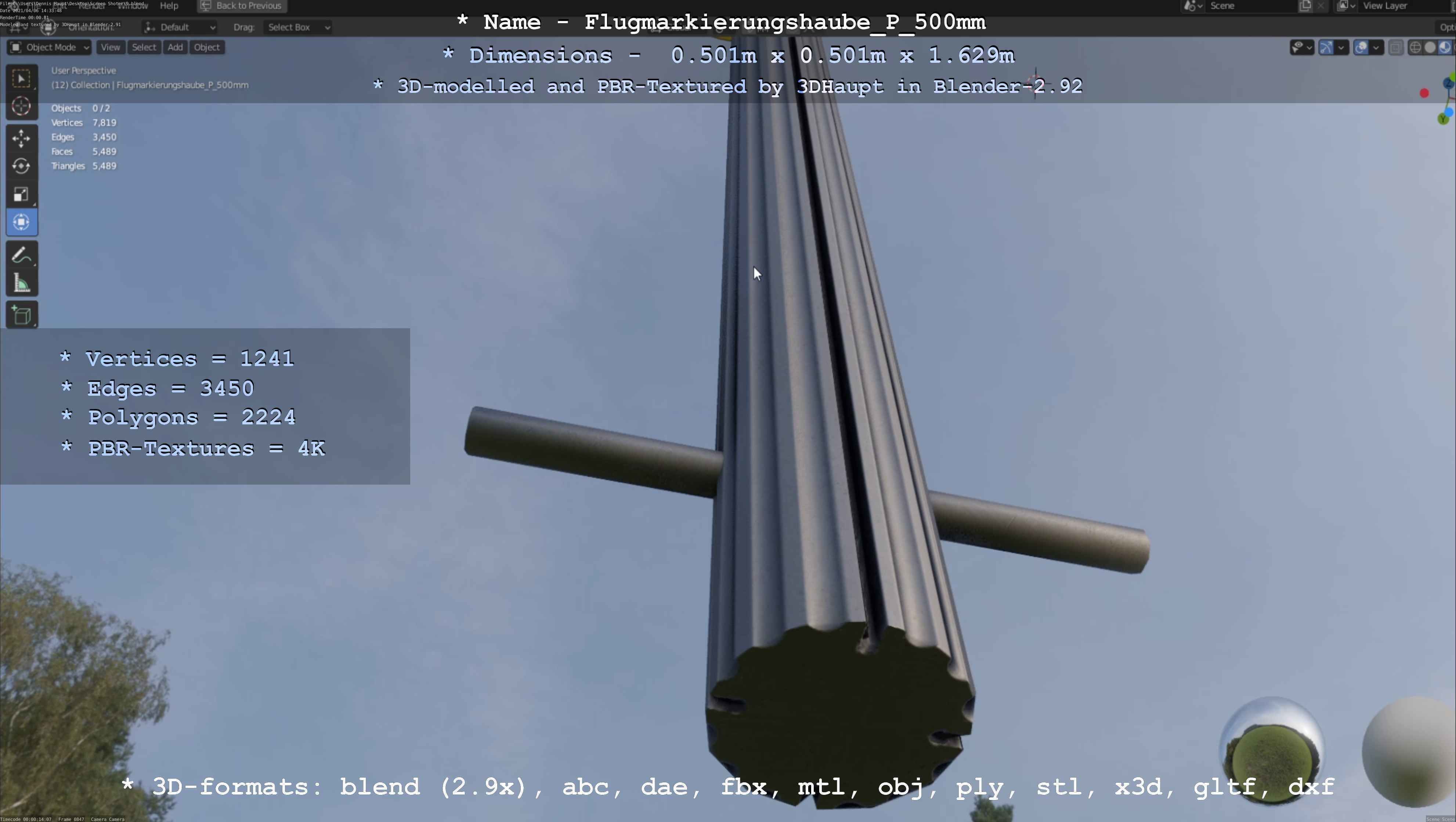 Flugmarkierungshaube mit Aluminiumpfosten 500mm Low-poly 3D model_35