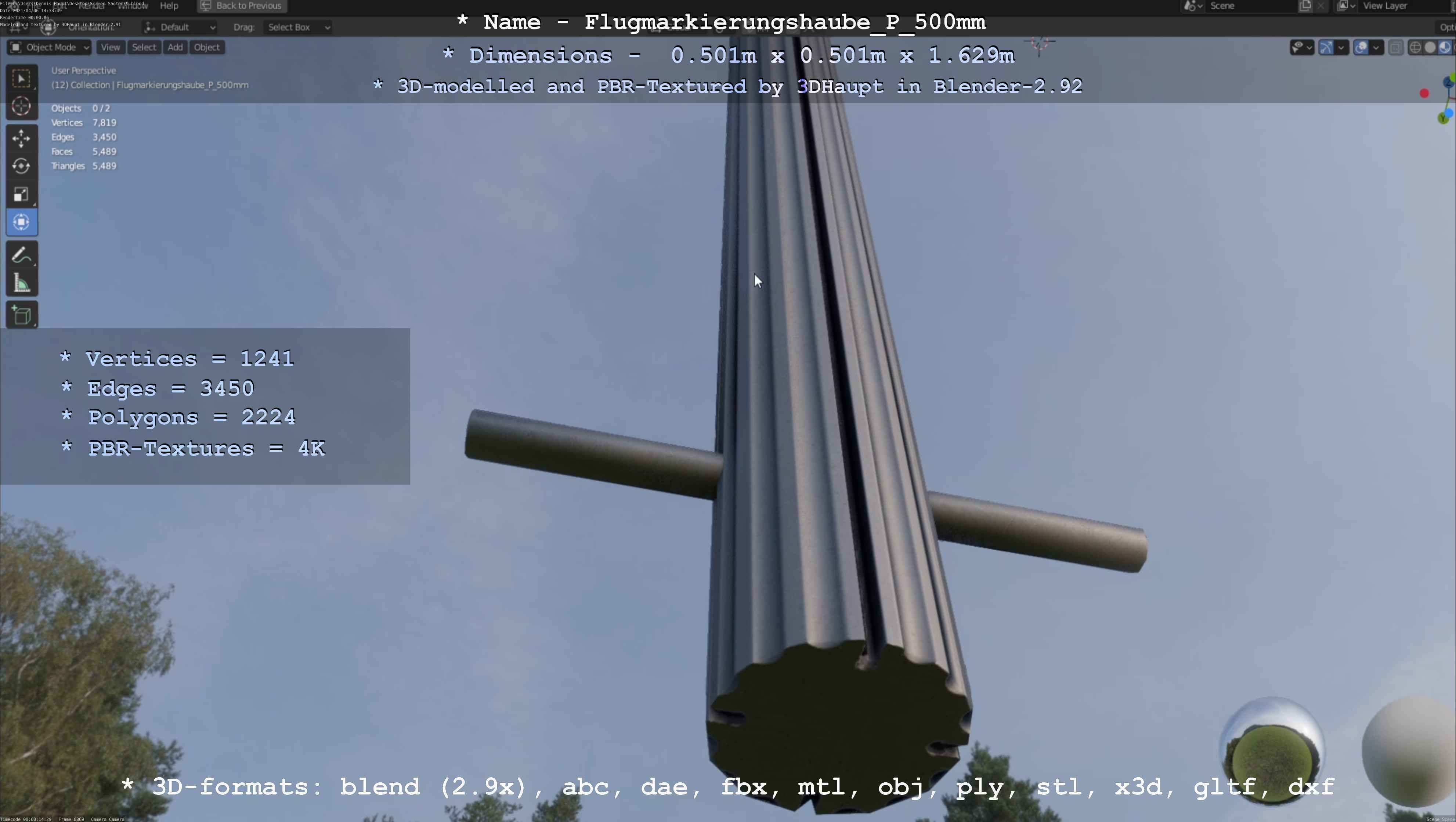 Flugmarkierungshaube mit Aluminiumpfosten 500mm Low-poly 3D model_47