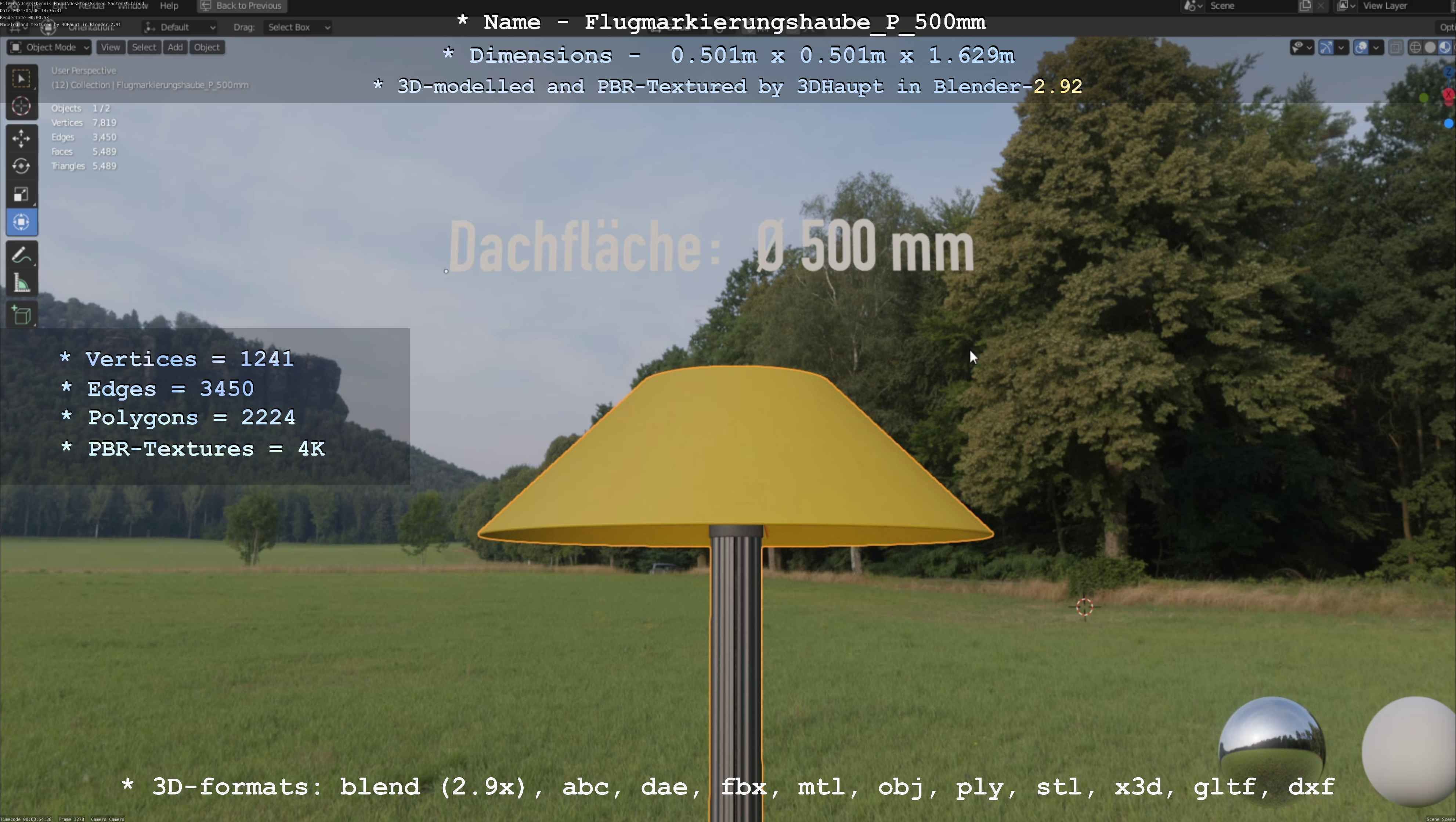 Flugmarkierungshaube mit Aluminiumpfosten 500mm Low-poly 3D model_25