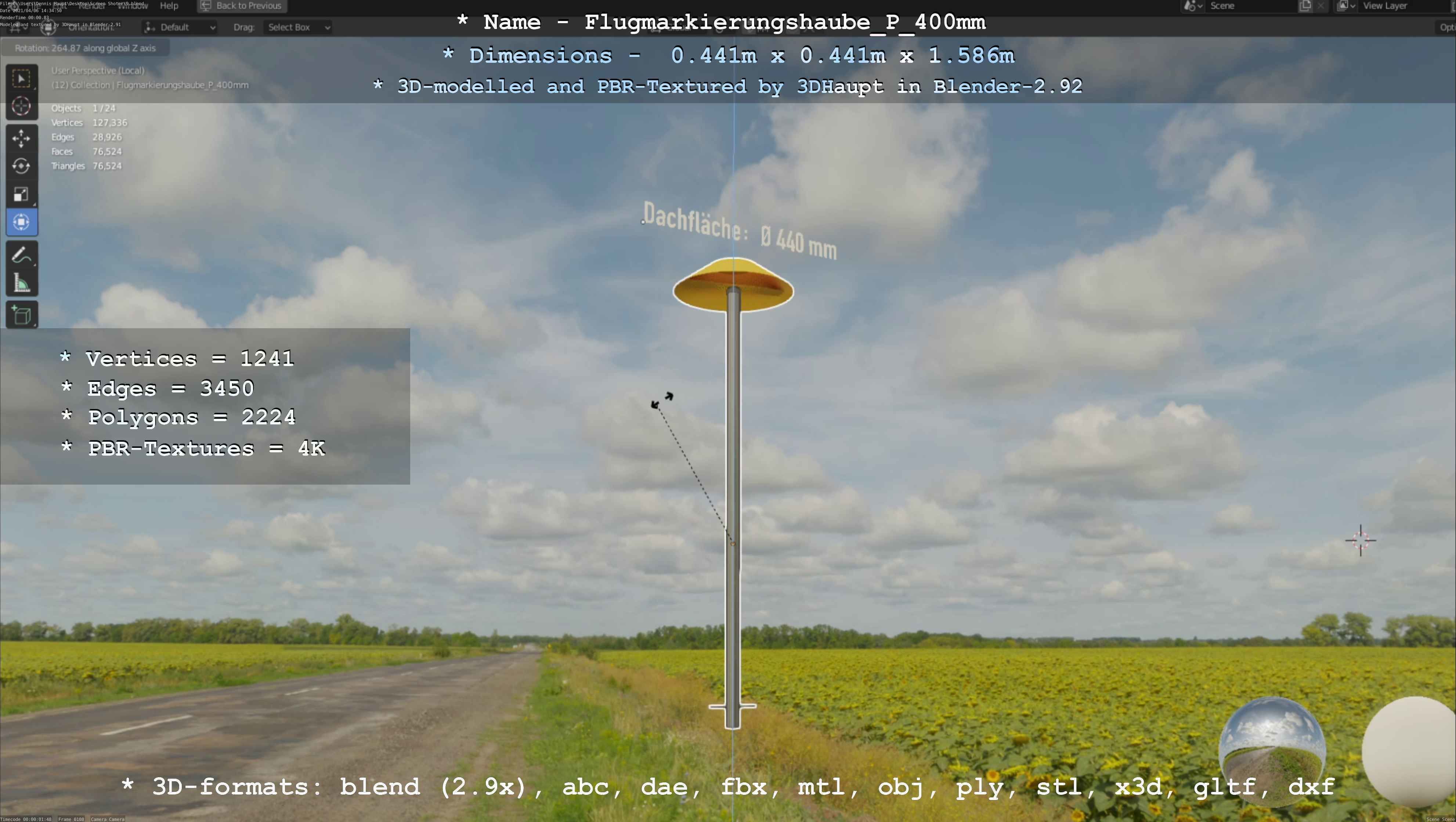 Flugmarkierungshaube mit Aluminiumpfosten 400mm Low-poly 3D model_29