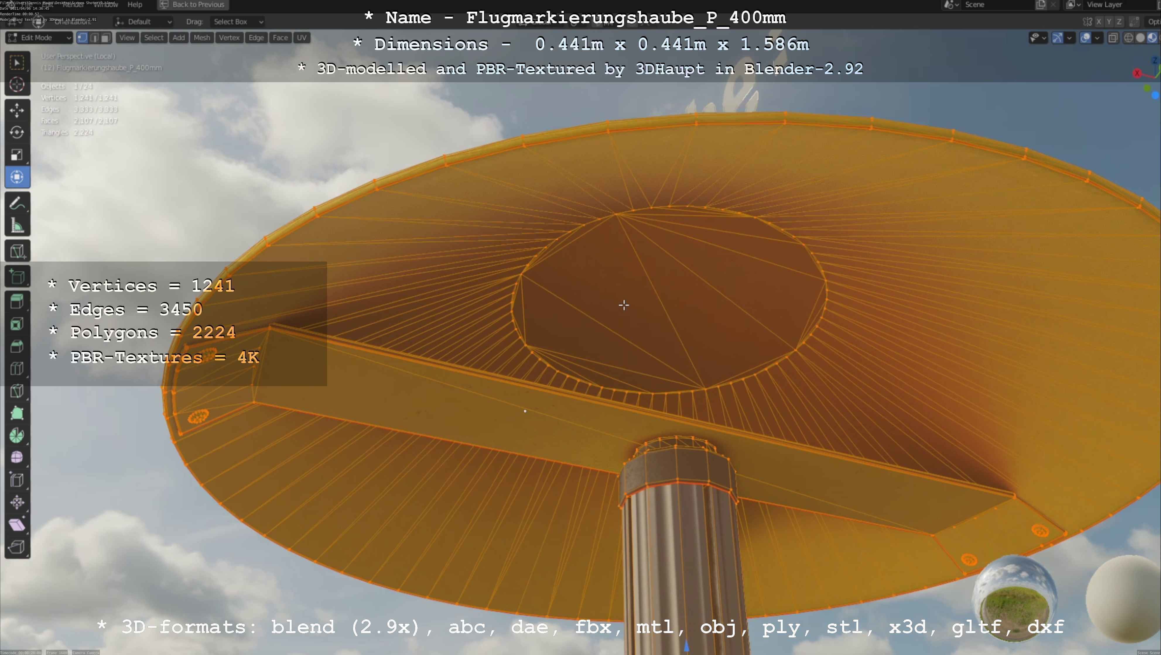 Flugmarkierungshaube mit Aluminiumpfosten 400mm Low-poly 3D model_99