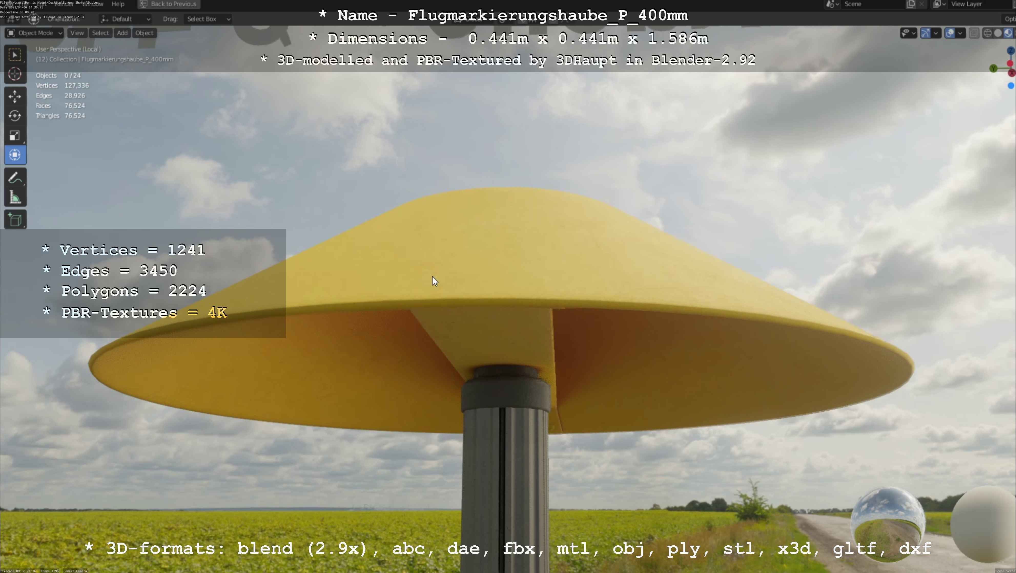 Flugmarkierungshaube mit Aluminiumpfosten 400mm Low-poly 3D model_6