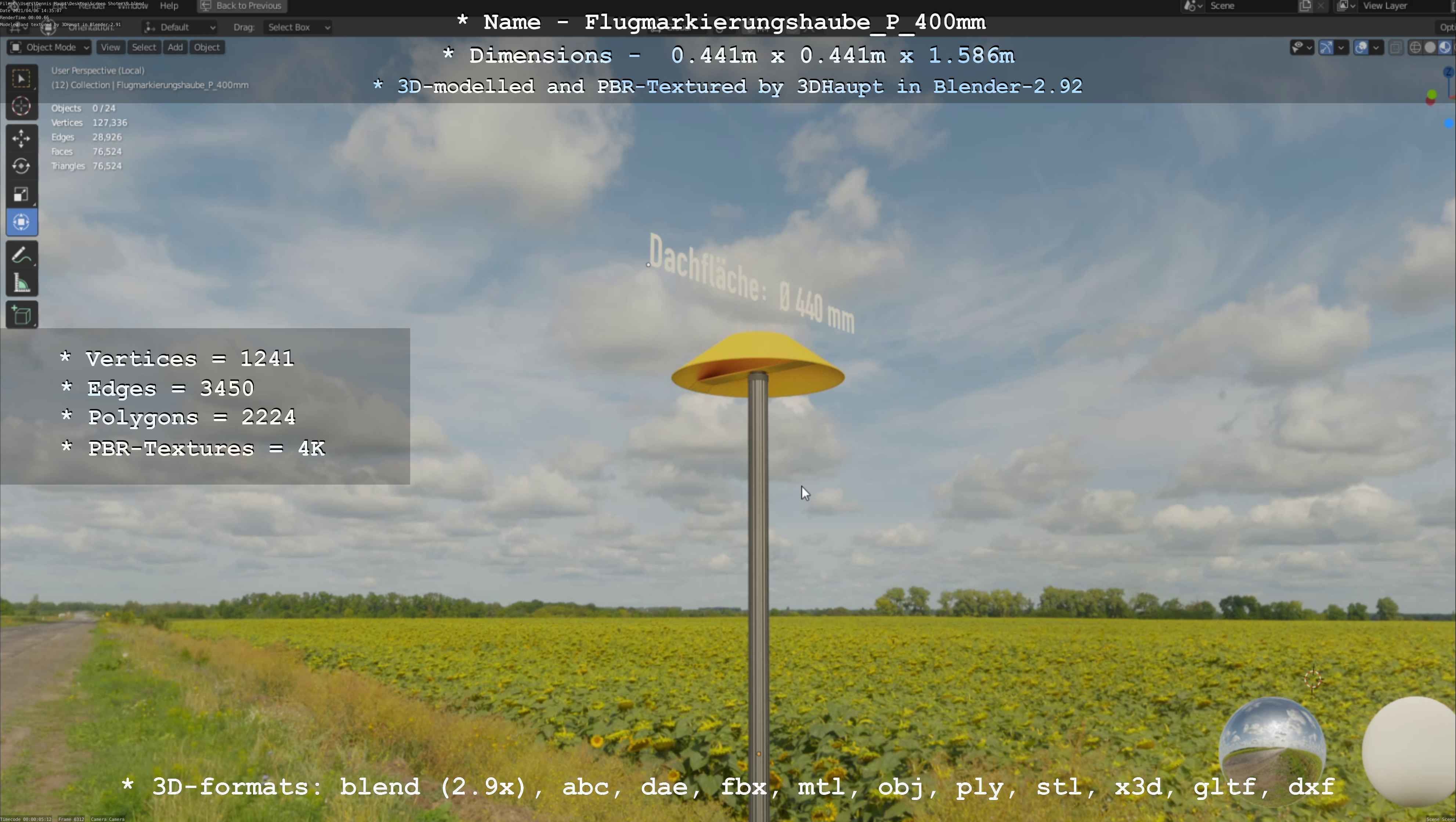 Flugmarkierungshaube mit Aluminiumpfosten 400mm Low-poly 3D model_33