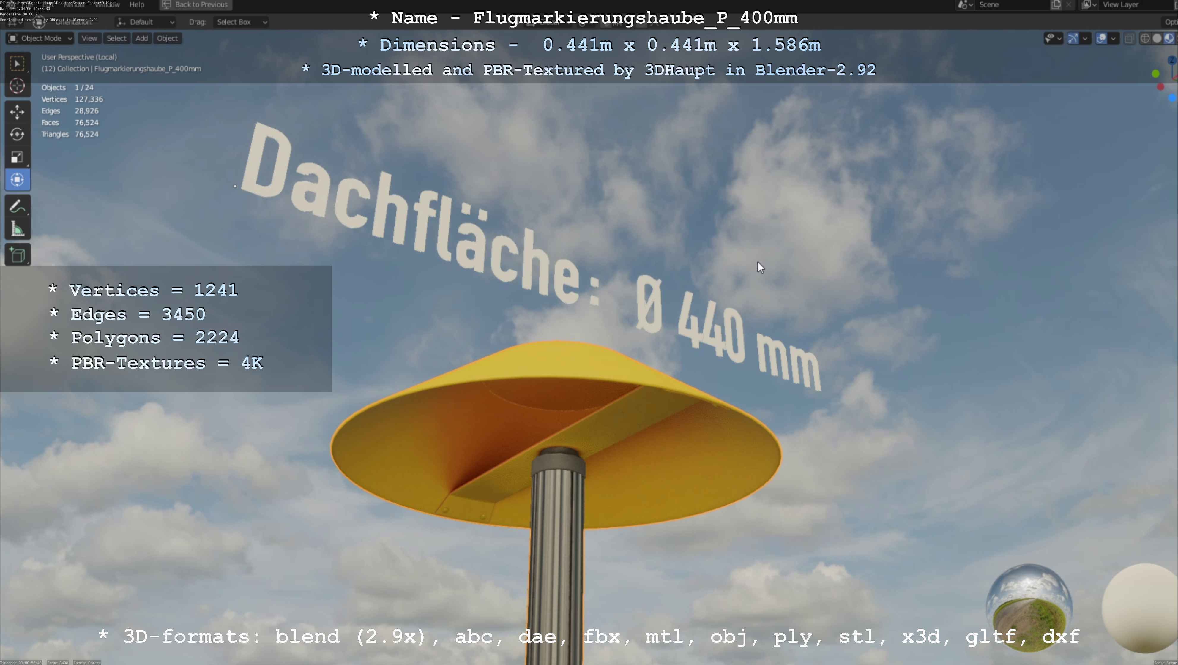 Flugmarkierungshaube mit Aluminiumpfosten 400mm Low-poly 3D model_54