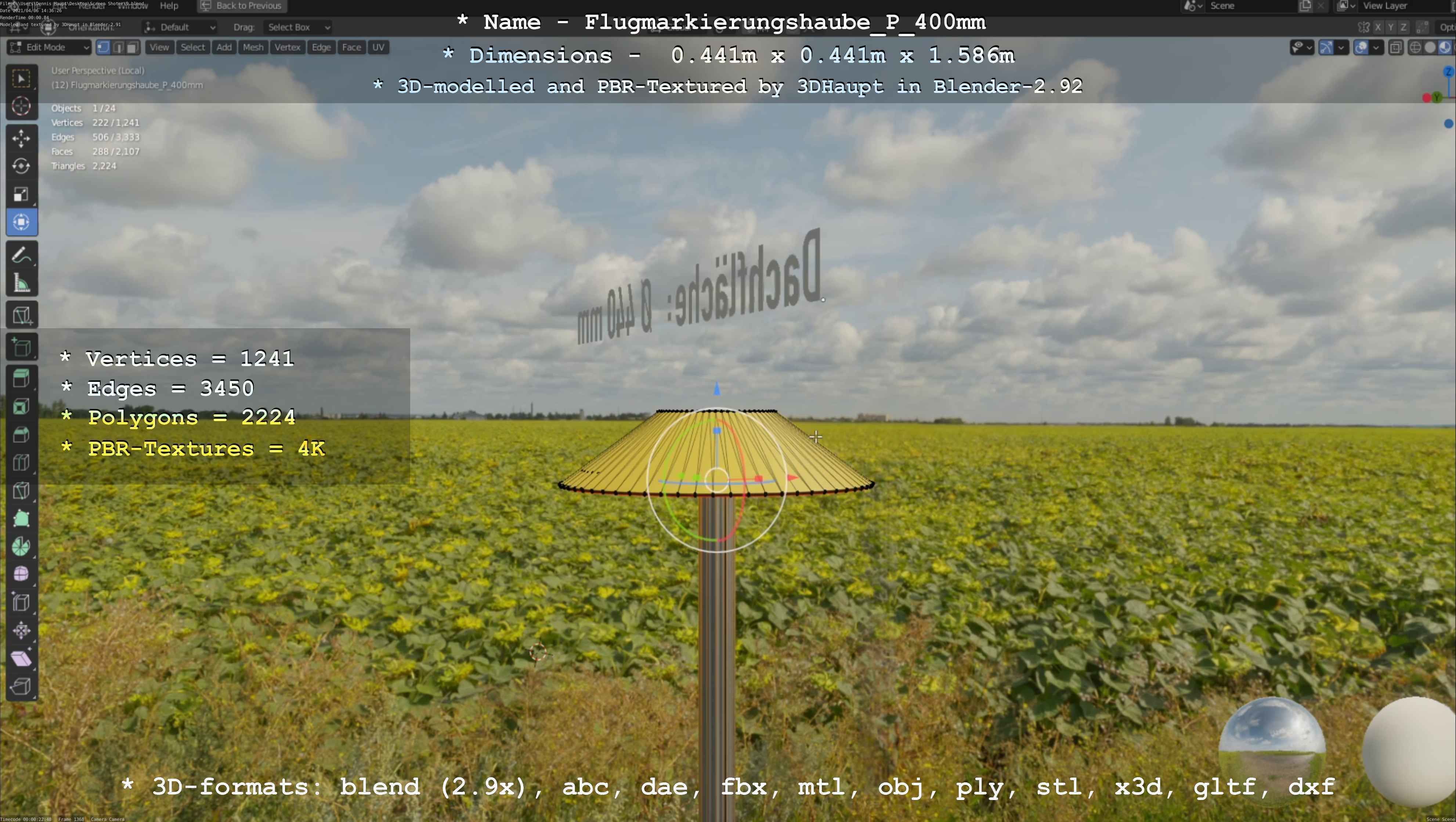 Flugmarkierungshaube mit Aluminiumpfosten 400mm Low-poly 3D model_89