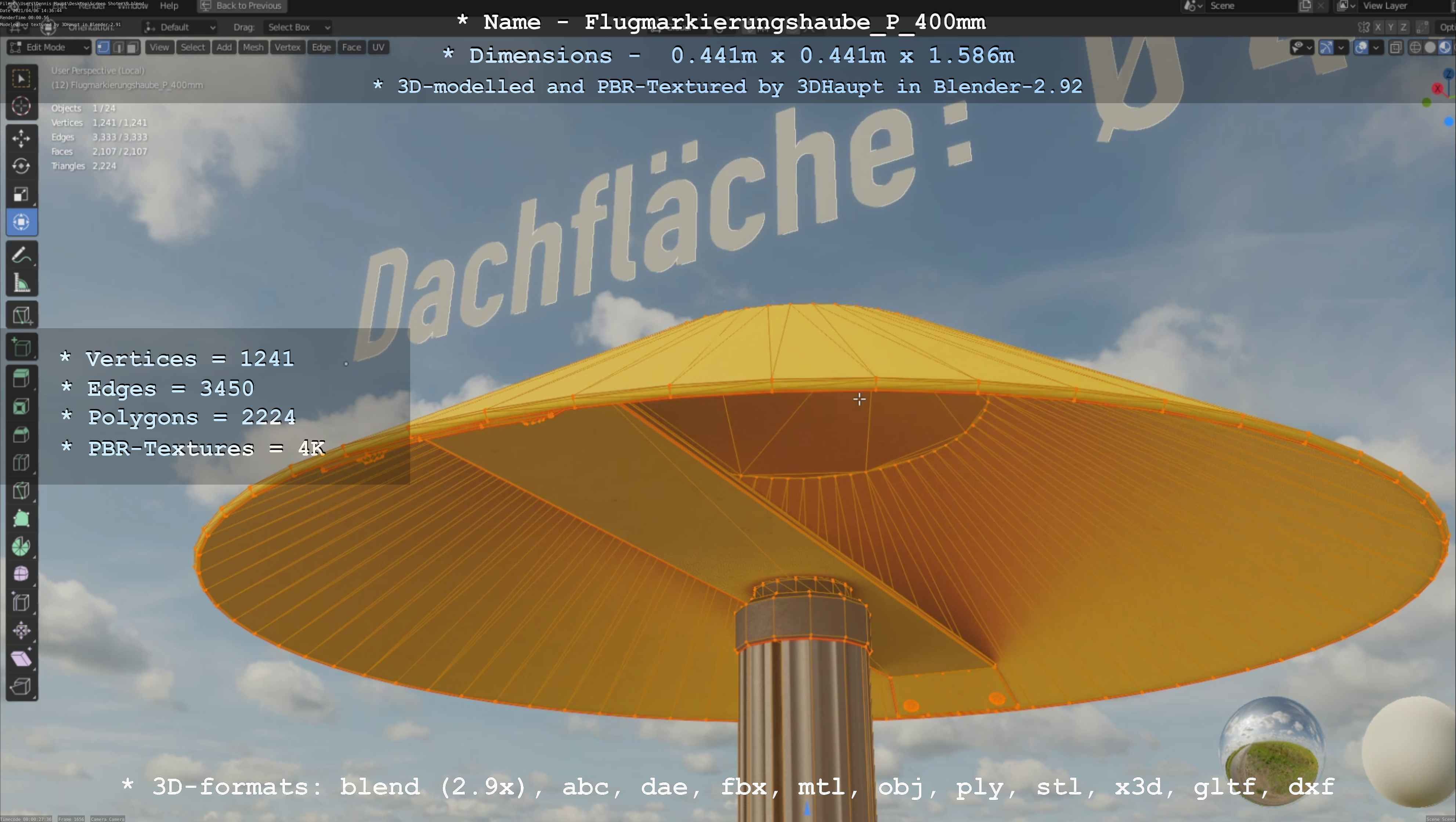 Flugmarkierungshaube mit Aluminiumpfosten 400mm Low-poly 3D model_97