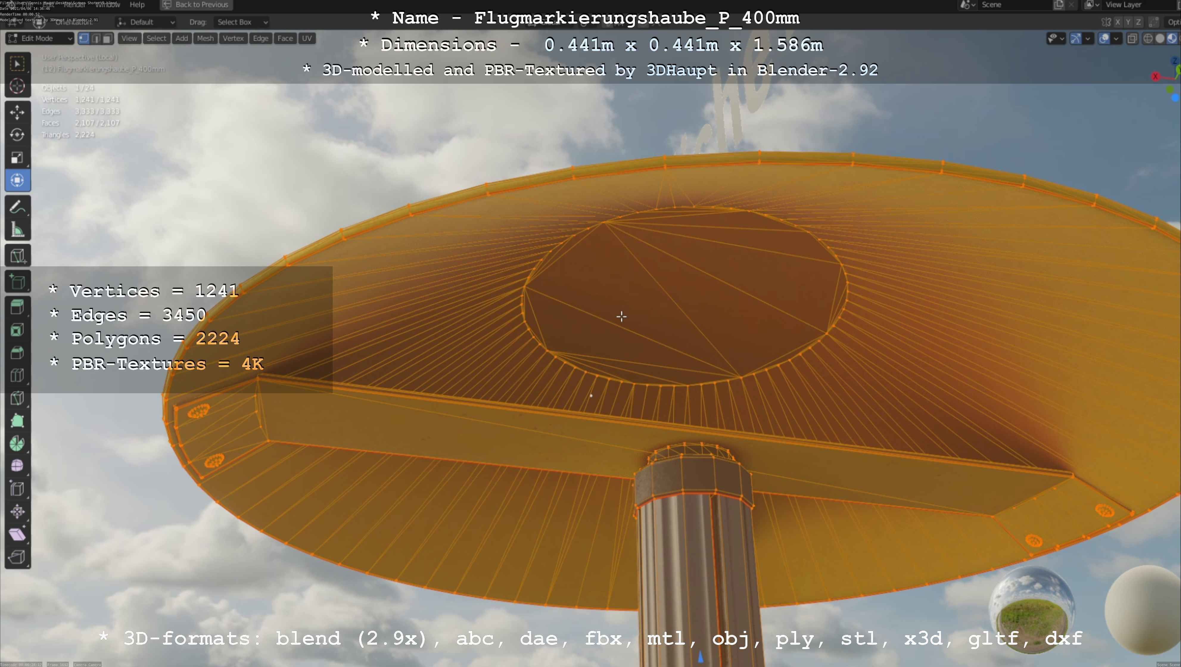 Flugmarkierungshaube mit Aluminiumpfosten 400mm Low-poly 3D model_100