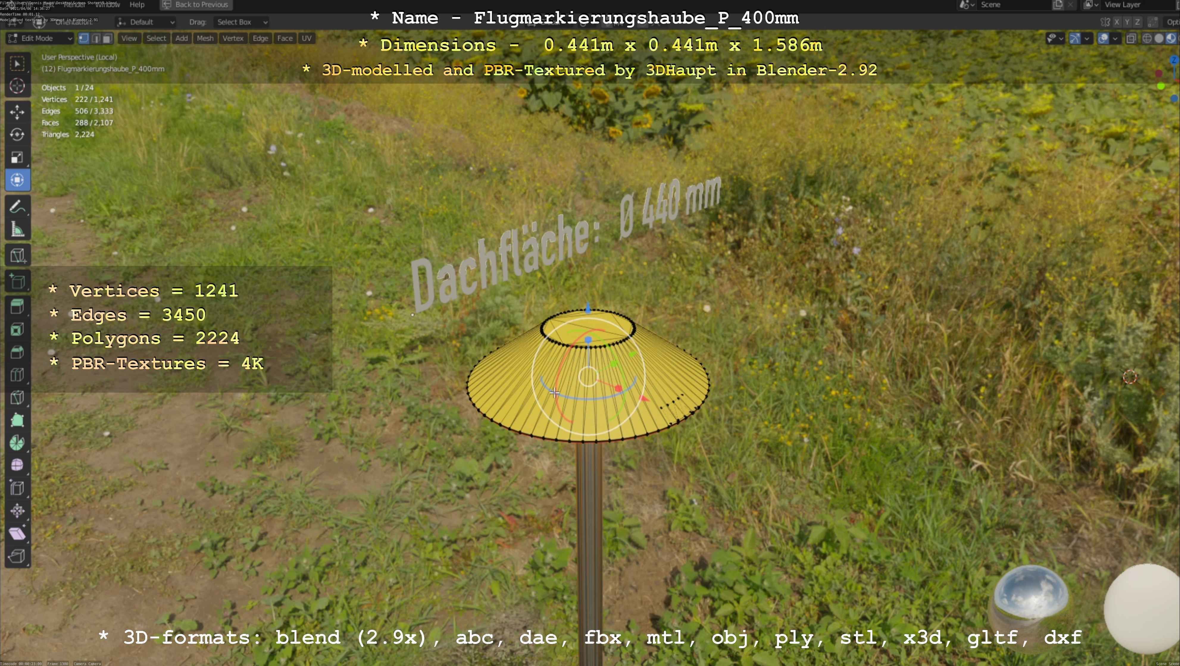 Flugmarkierungshaube mit Aluminiumpfosten 400mm Low-poly 3D model_91