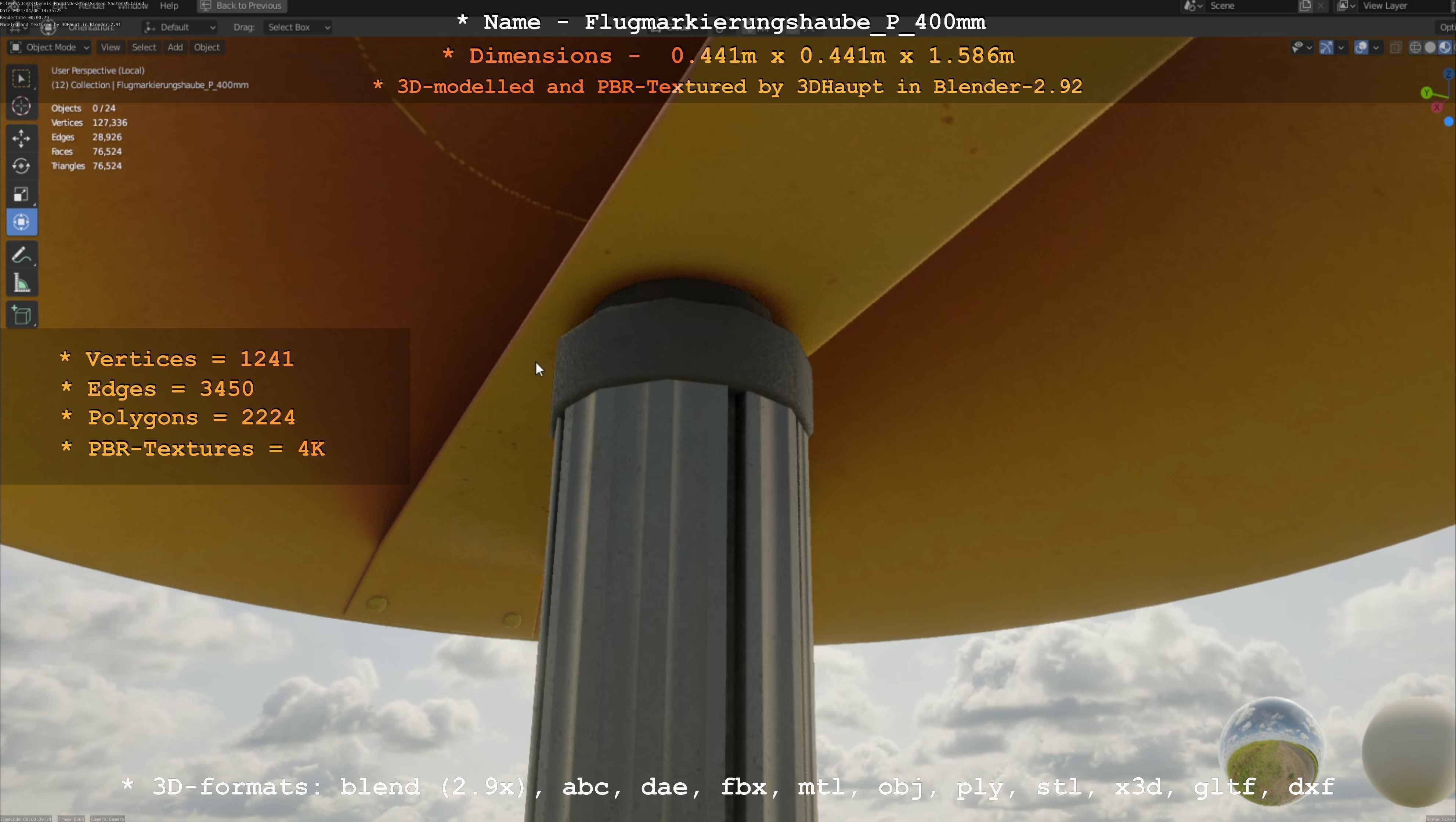 Flugmarkierungshaube mit Aluminiumpfosten 400mm Low-poly 3D model_39