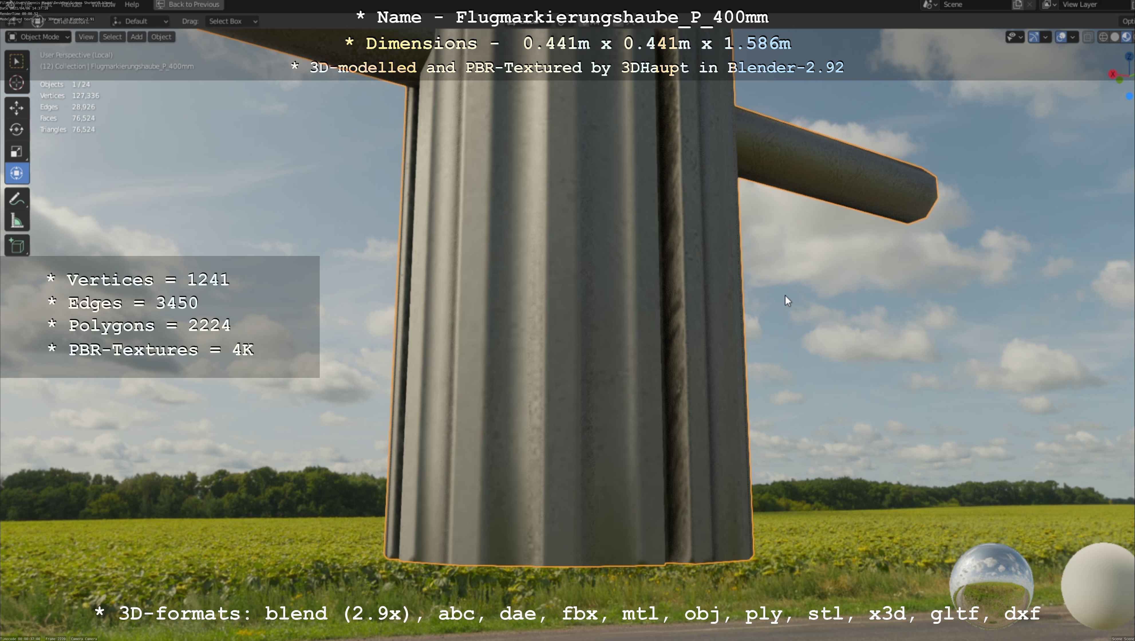 Flugmarkierungshaube mit Aluminiumpfosten 400mm Low-poly 3D model_110