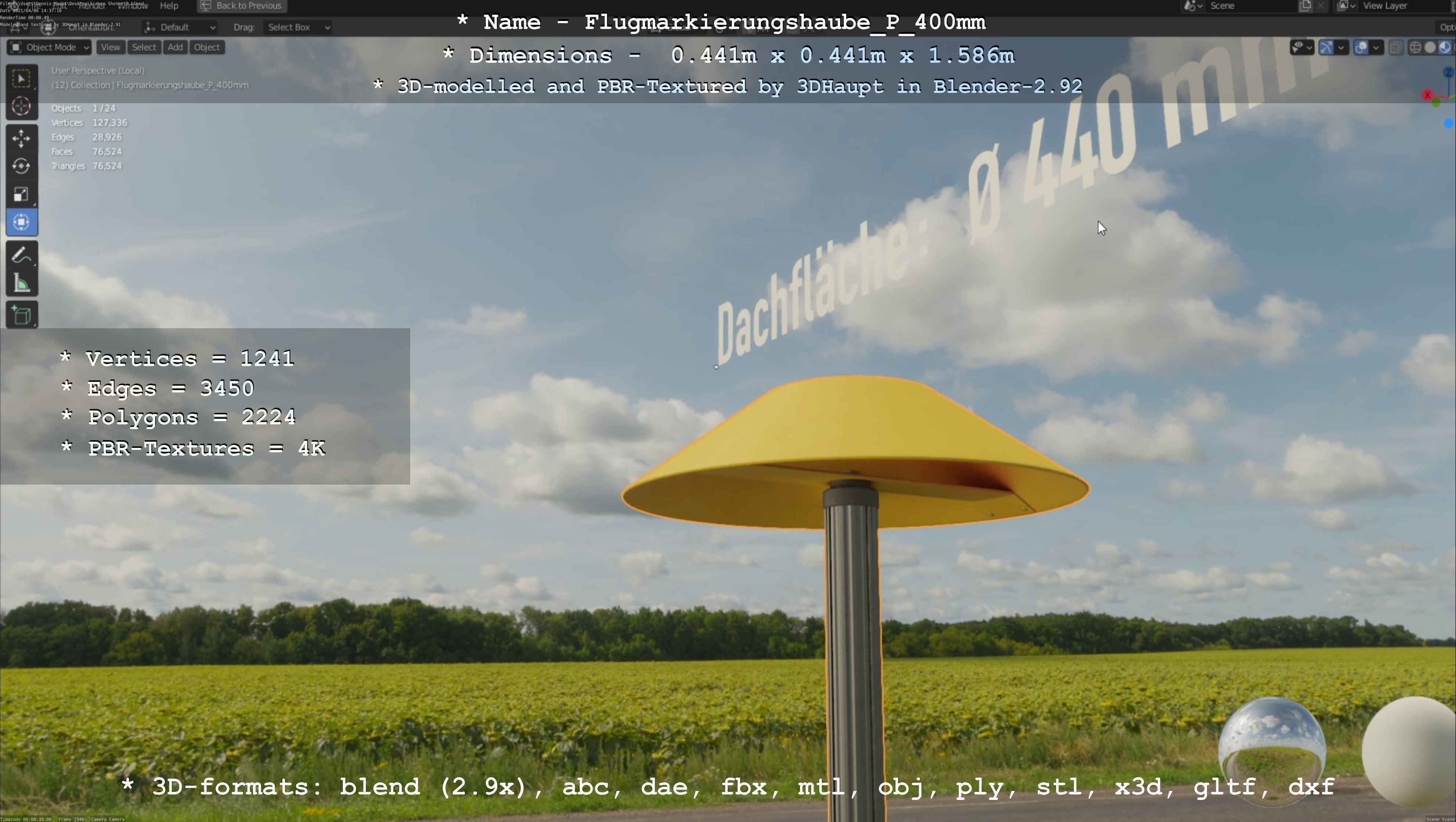 Flugmarkierungshaube mit Aluminiumpfosten 400mm Low-poly 3D model_115