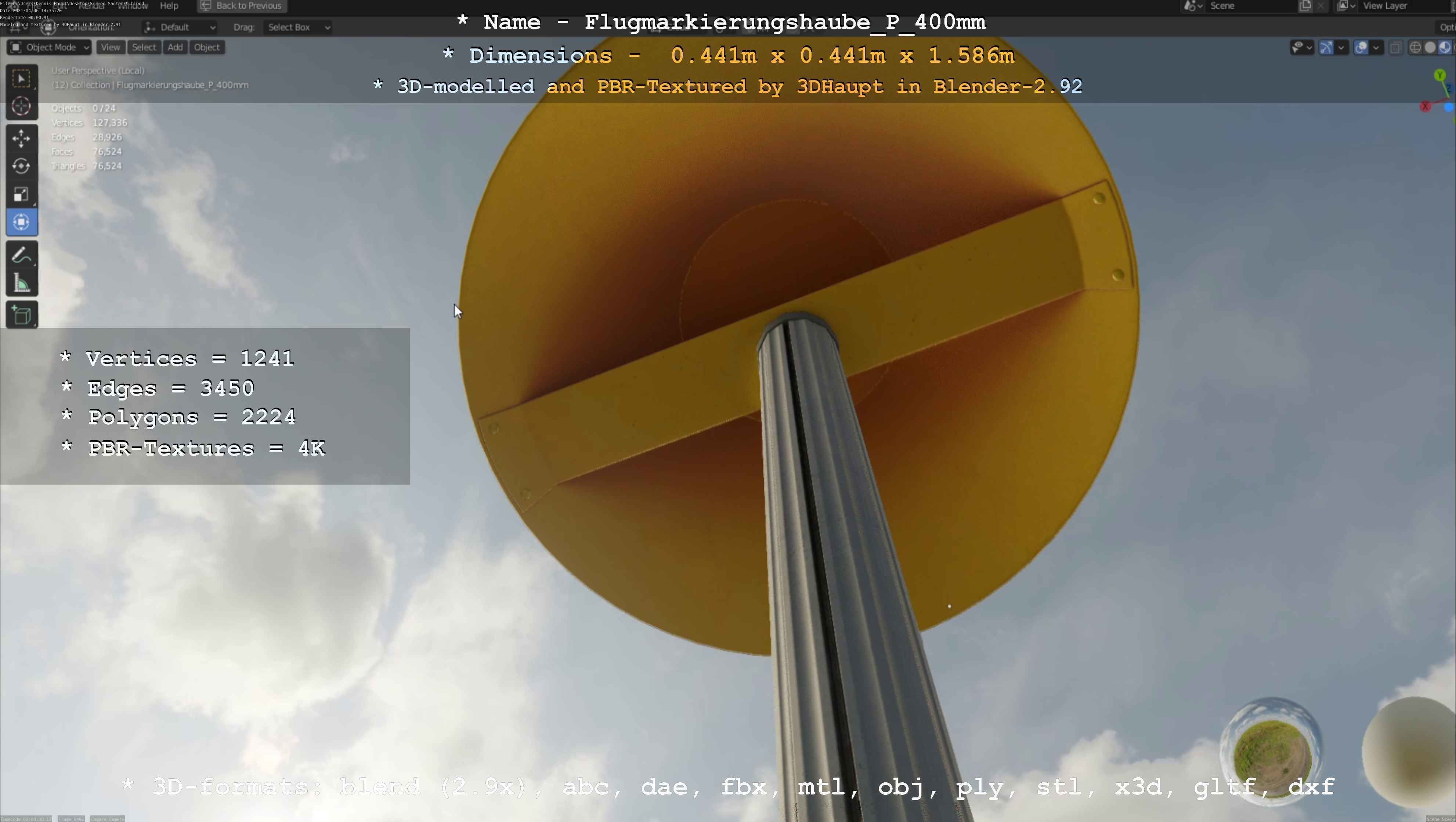 Flugmarkierungshaube mit Aluminiumpfosten 400mm Low-poly 3D model_37