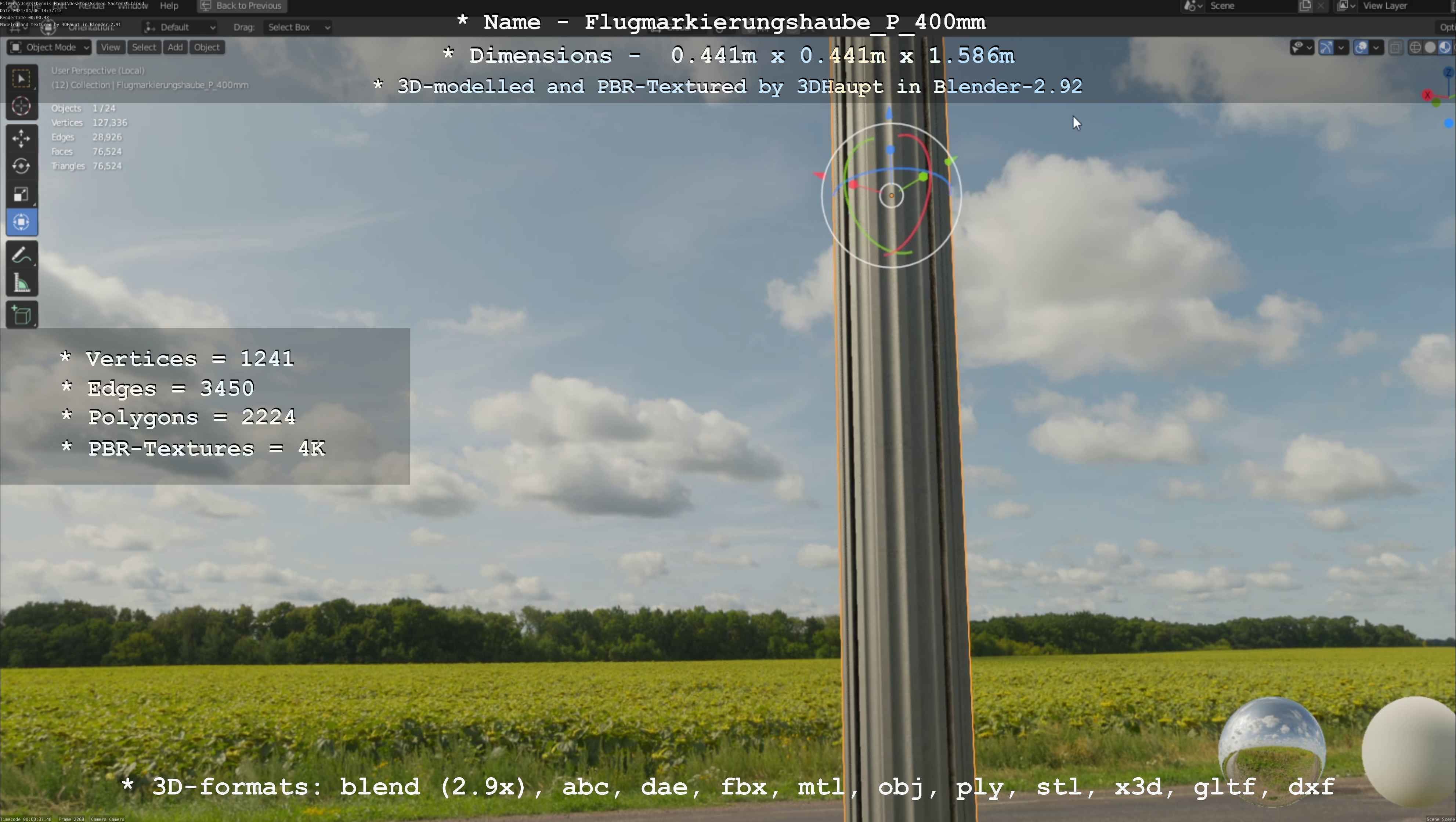 Flugmarkierungshaube mit Aluminiumpfosten 400mm Low-poly 3D model_114