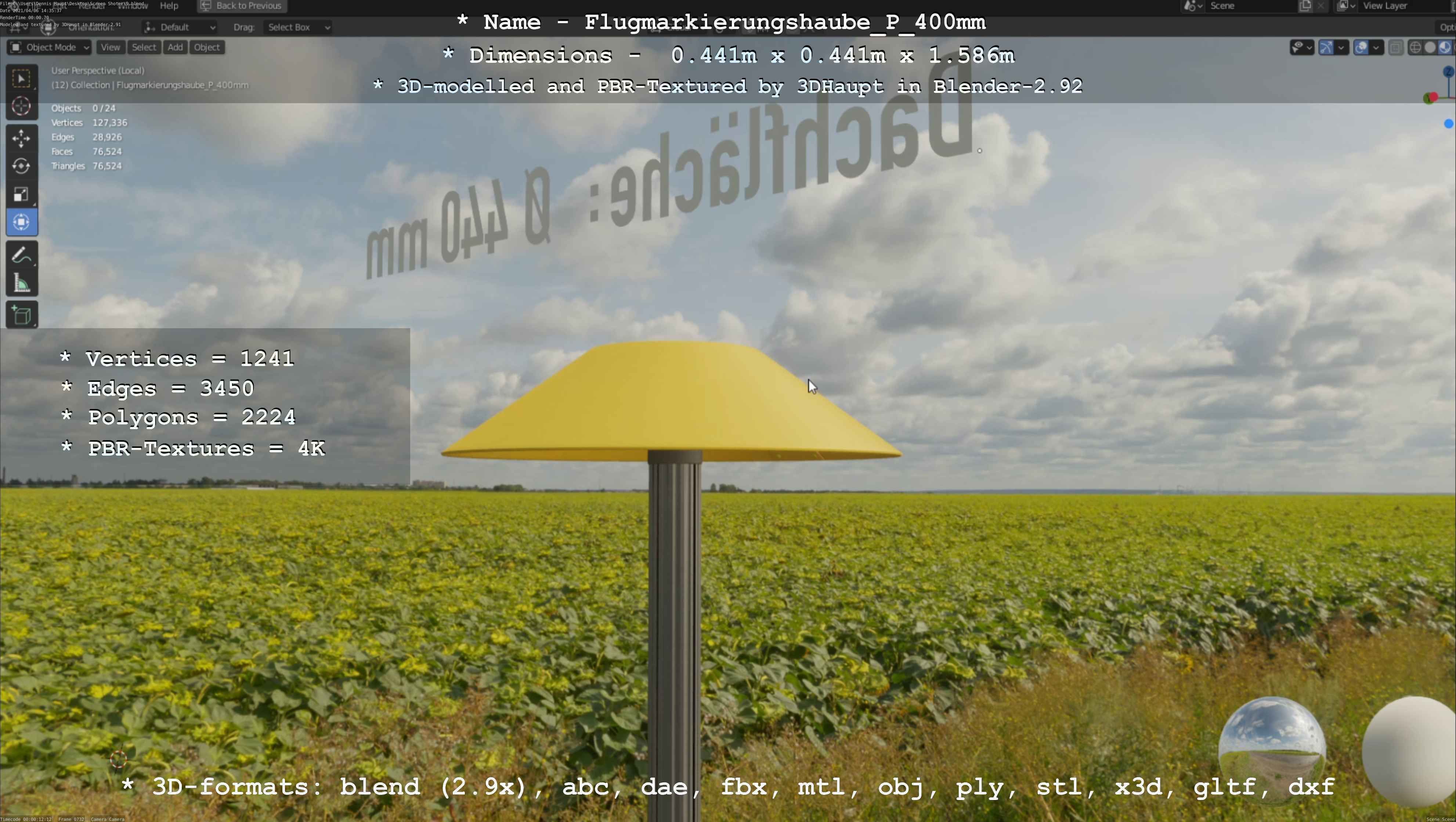 Flugmarkierungshaube mit Aluminiumpfosten 400mm Low-poly 3D model_24