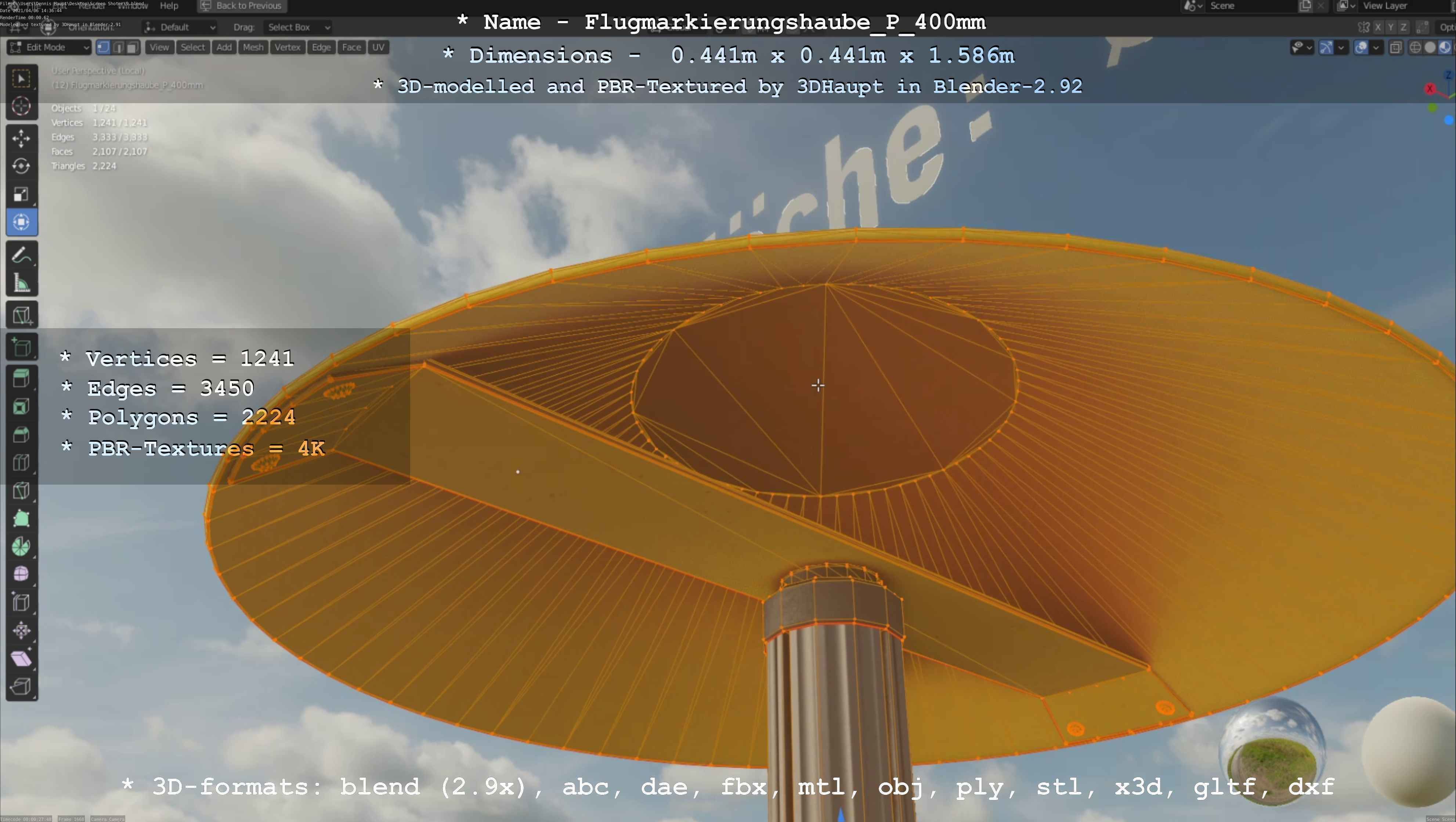 Flugmarkierungshaube mit Aluminiumpfosten 400mm Low-poly 3D model_98