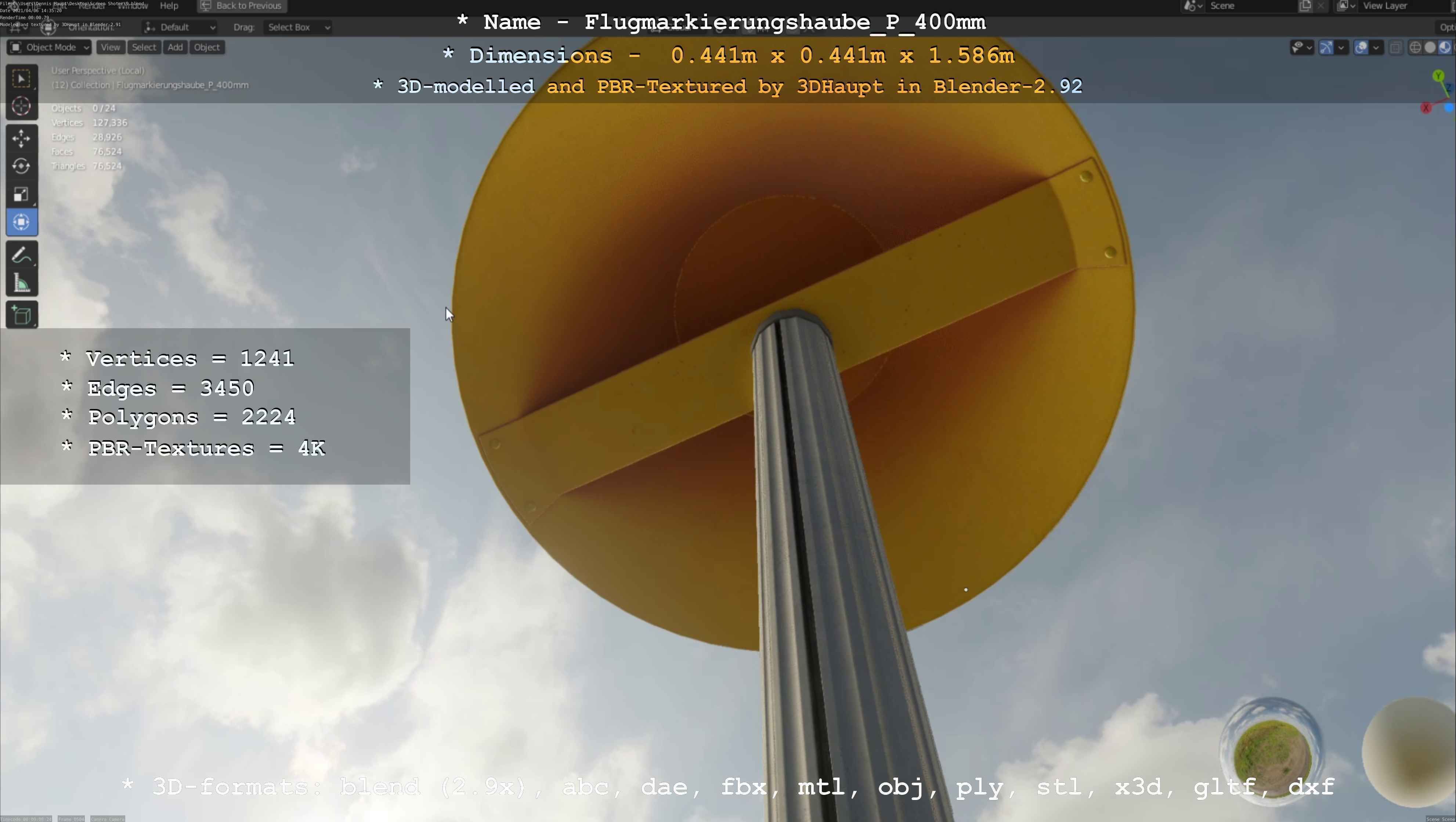 Flugmarkierungshaube mit Aluminiumpfosten 400mm Low-poly 3D model_38