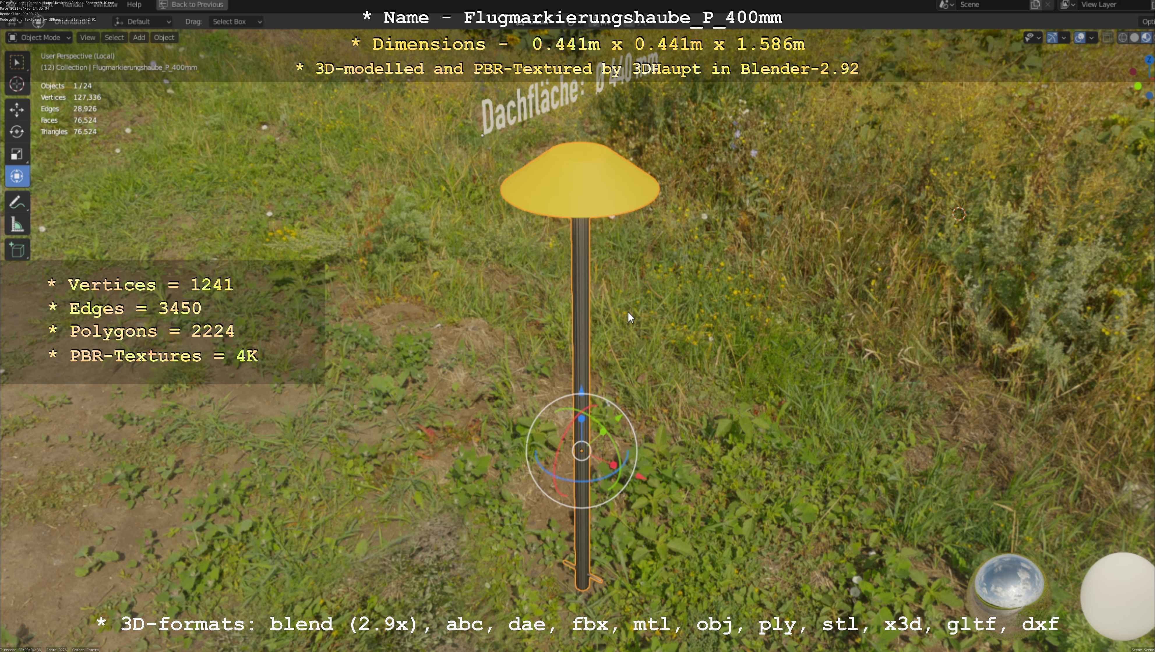 Flugmarkierungshaube mit Aluminiumpfosten 400mm Low-poly 3D model_32