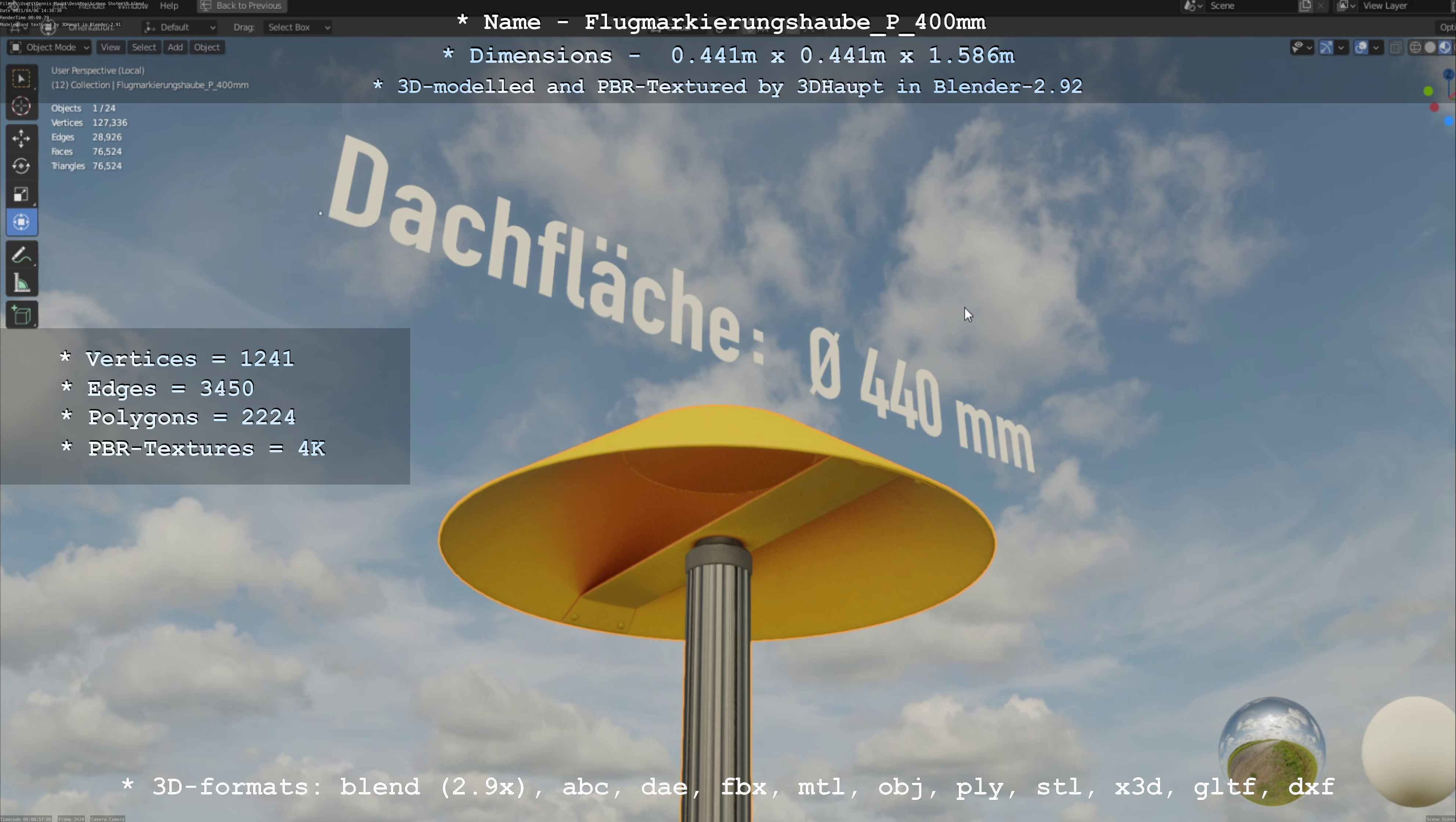 Flugmarkierungshaube mit Aluminiumpfosten 400mm Low-poly 3D model_55