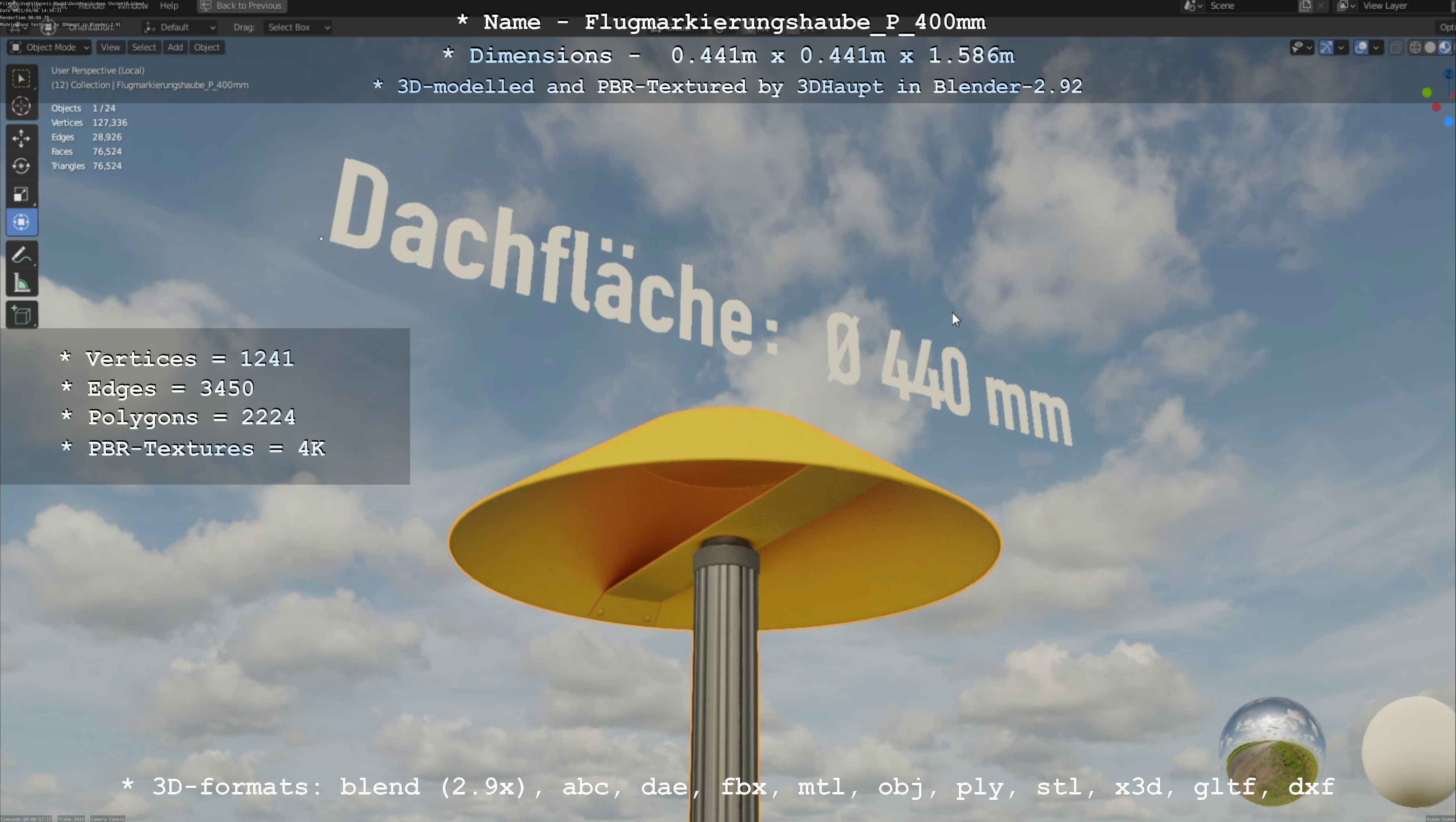 Flugmarkierungshaube mit Aluminiumpfosten 400mm Low-poly 3D model_27