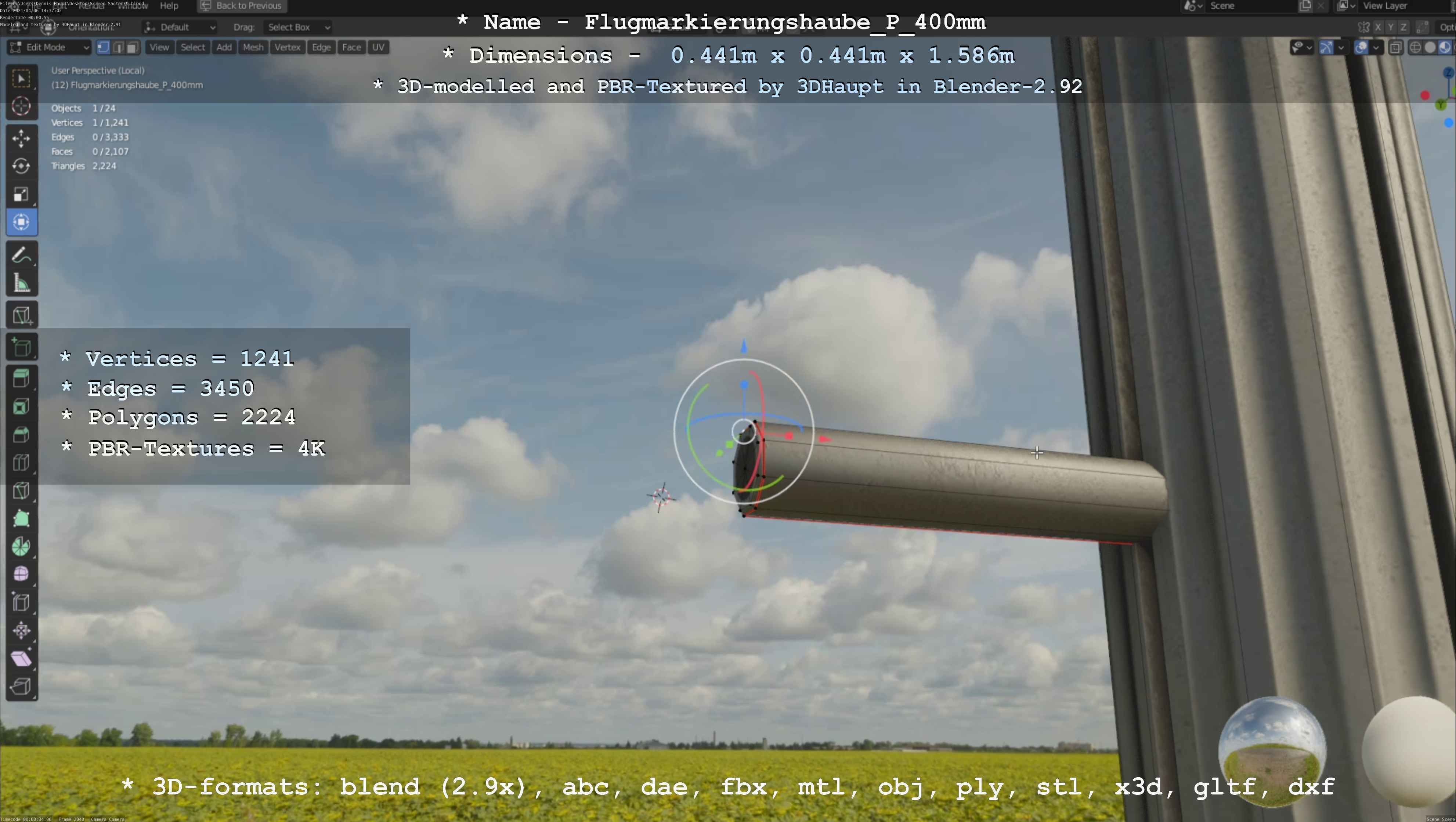 Flugmarkierungshaube mit Aluminiumpfosten 400mm Low-poly 3D model_16