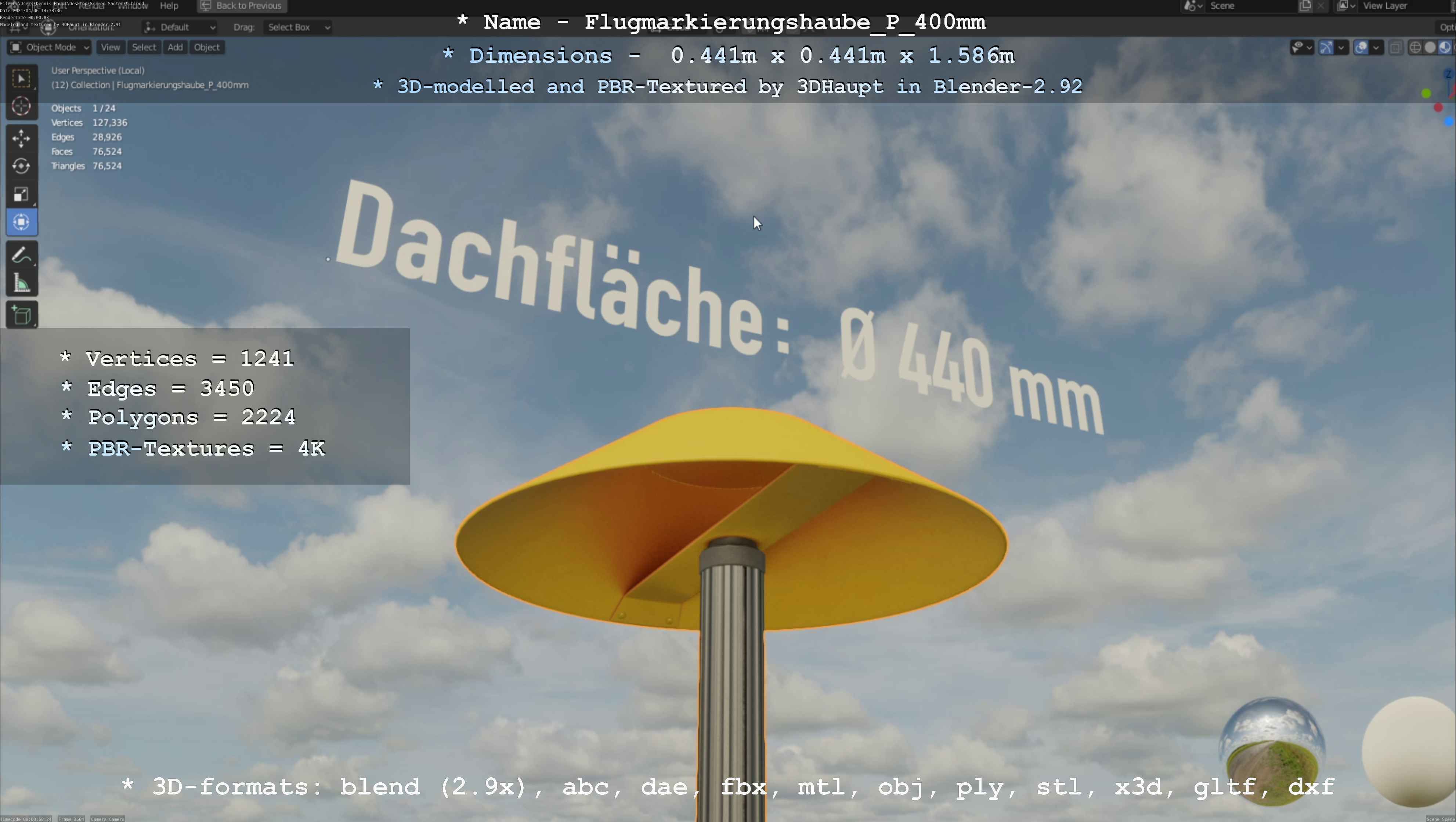 Flugmarkierungshaube mit Aluminiumpfosten 400mm Low-poly 3D model_56