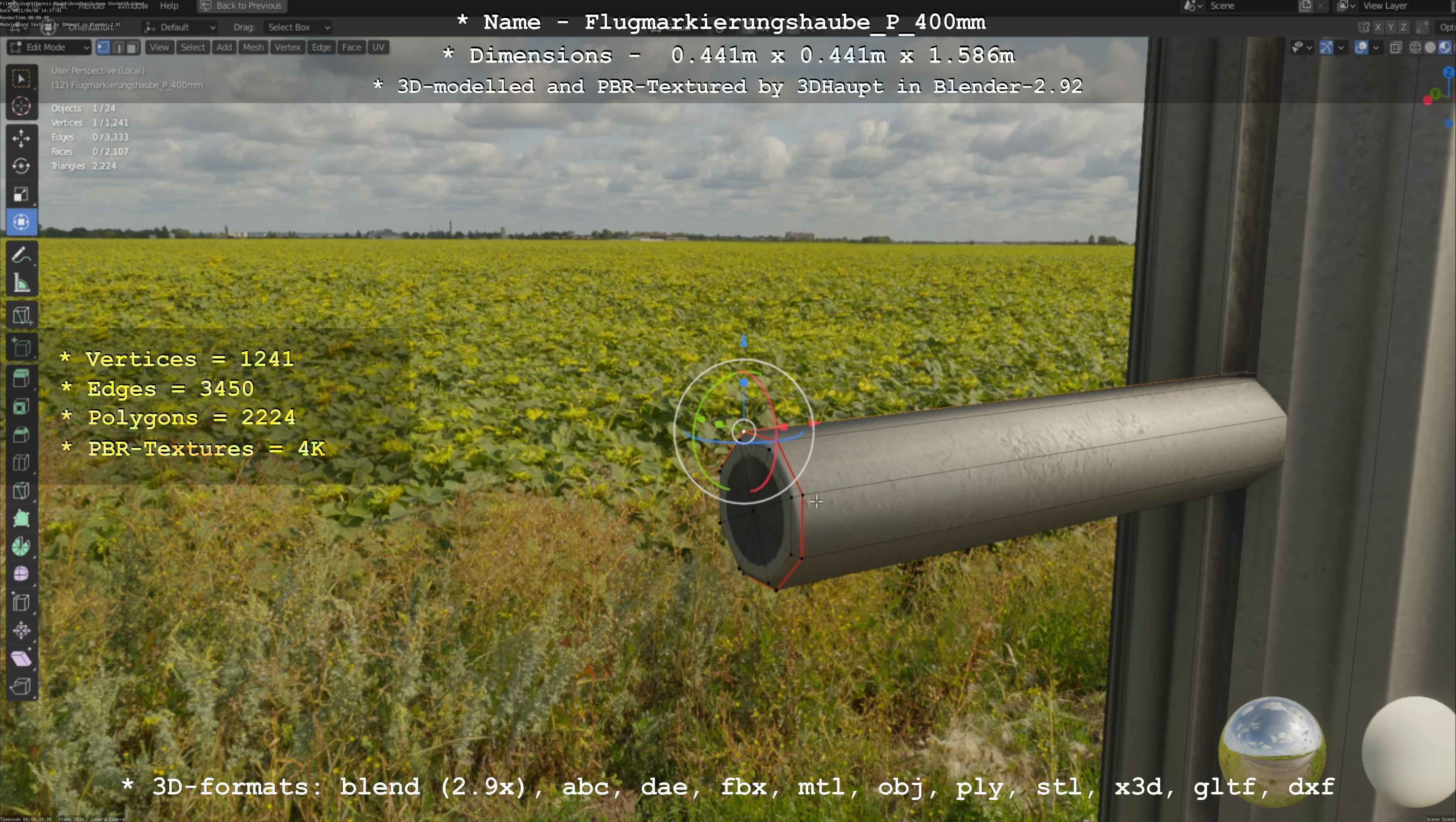 Flugmarkierungshaube mit Aluminiumpfosten 400mm Low-poly 3D model_15