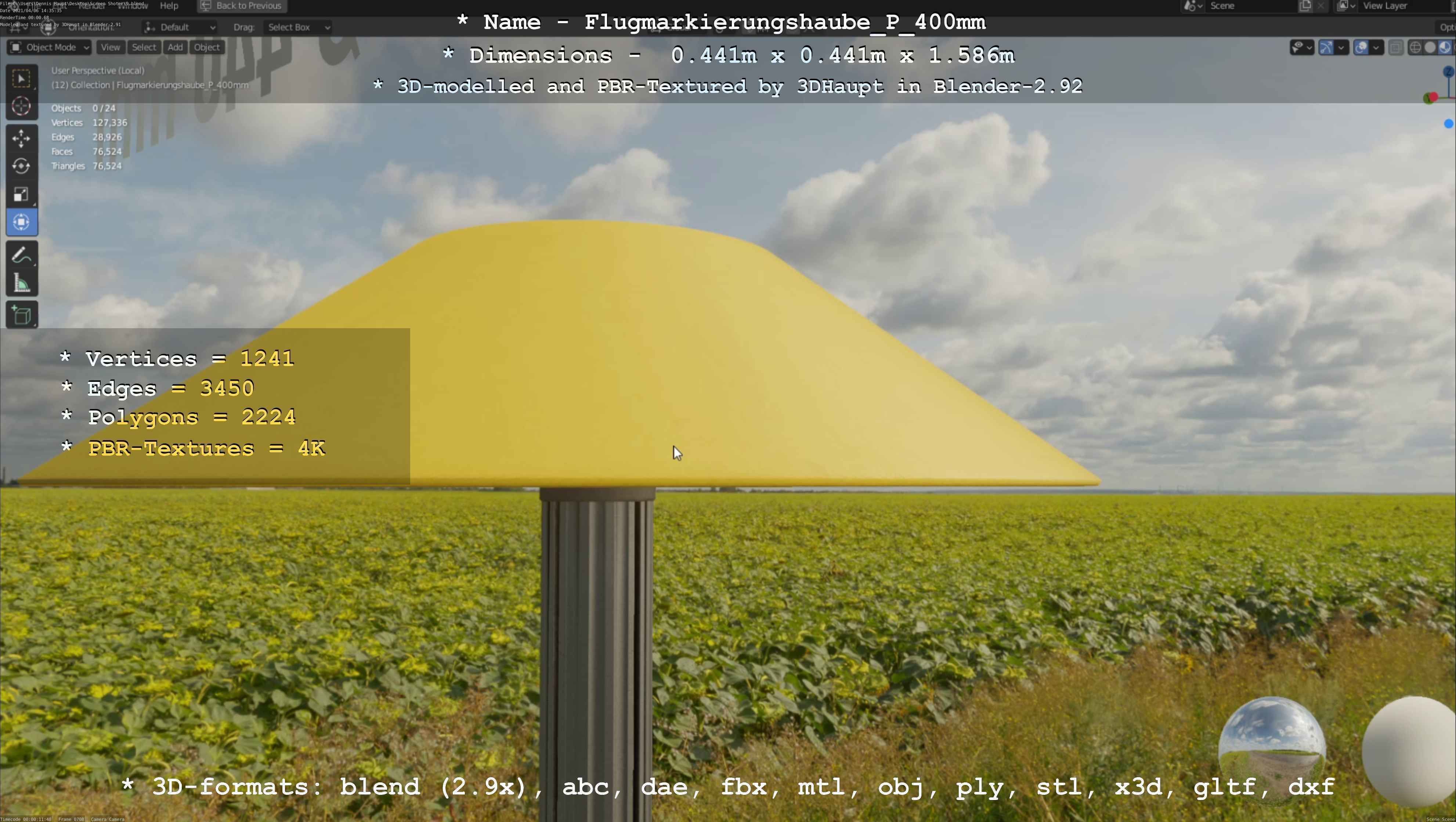 Flugmarkierungshaube mit Aluminiumpfosten 400mm Low-poly 3D model_13