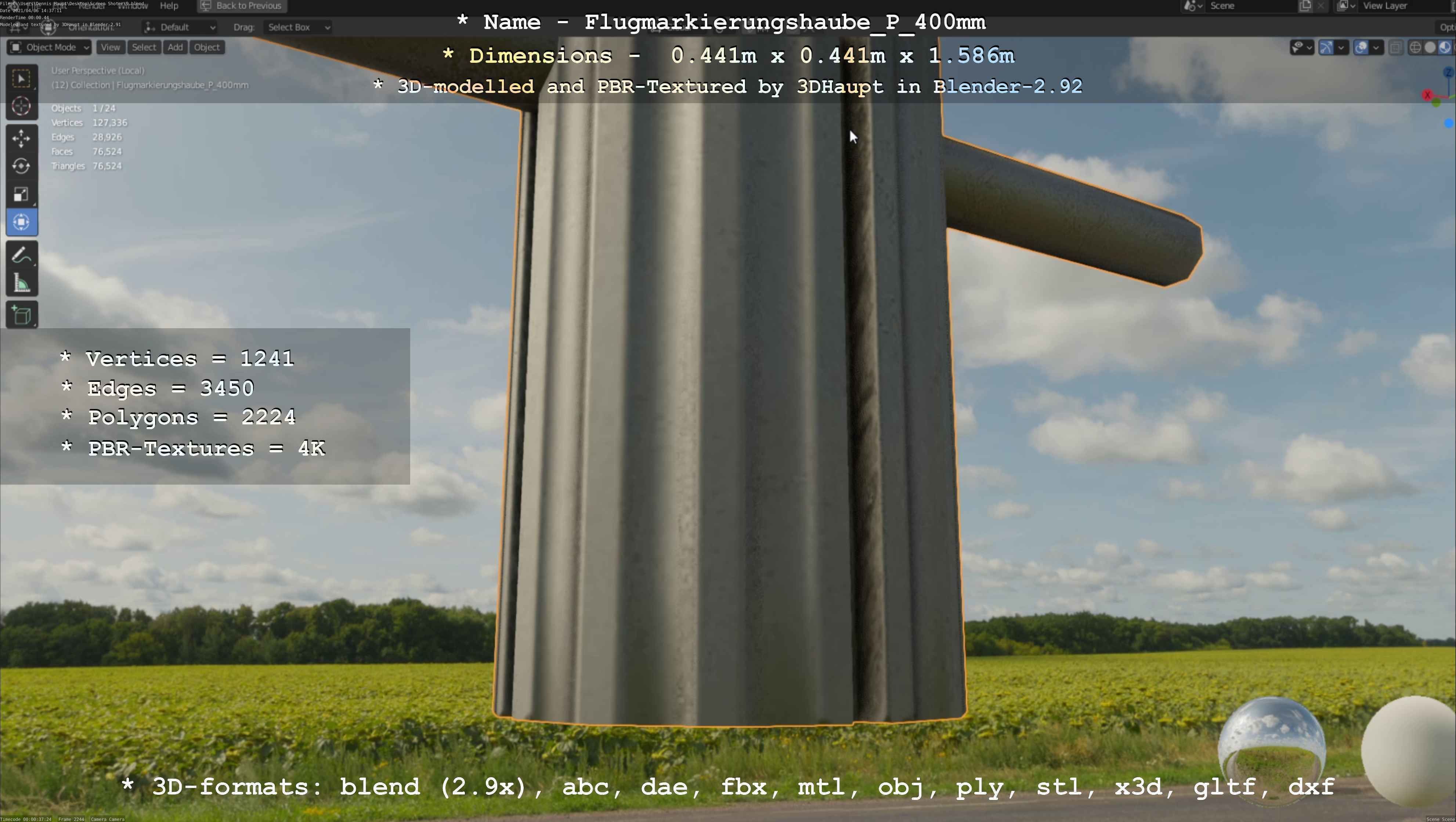 Flugmarkierungshaube mit Aluminiumpfosten 400mm Low-poly 3D model_19