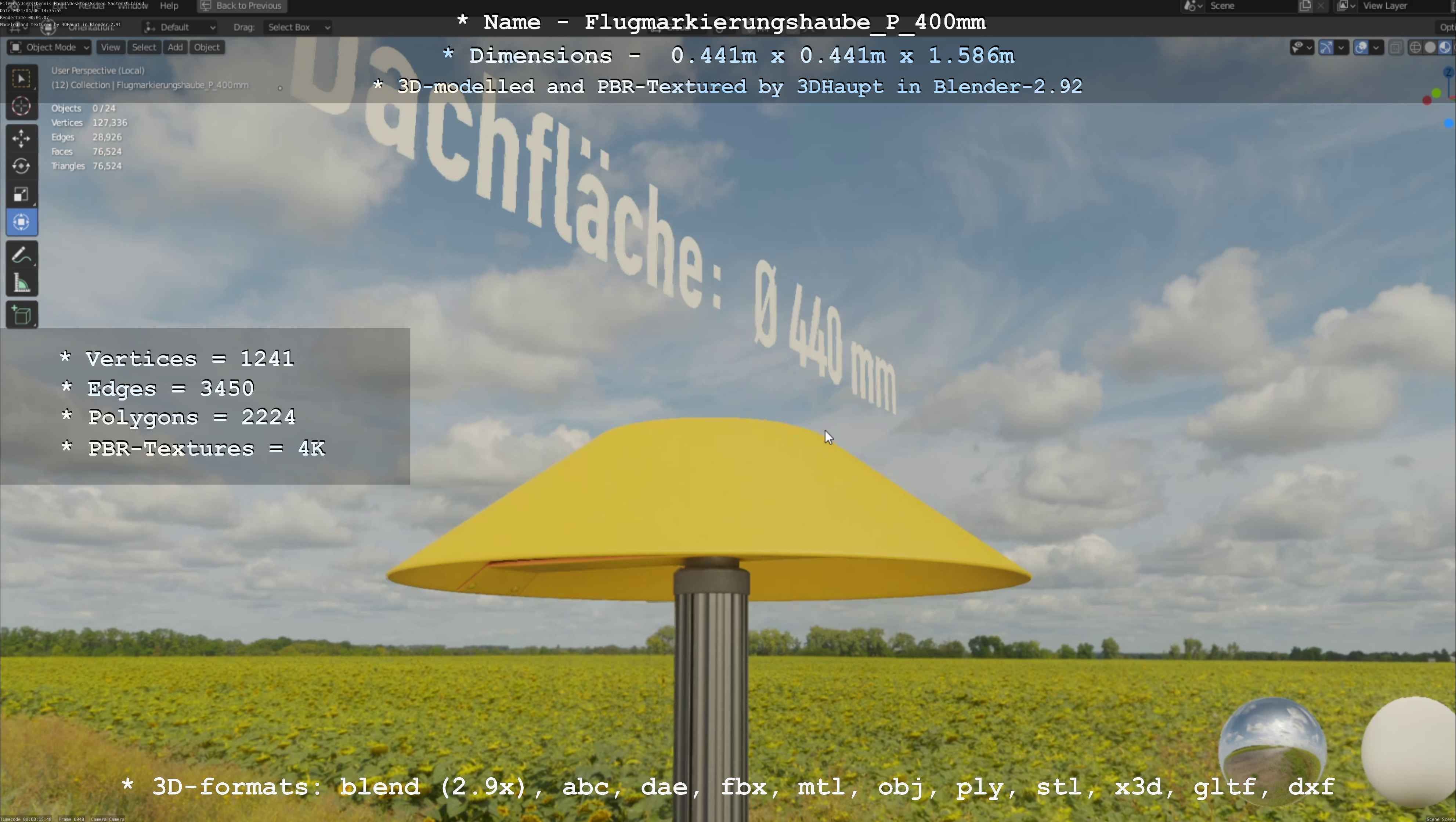 Flugmarkierungshaube mit Aluminiumpfosten 400mm Low-poly 3D model_45