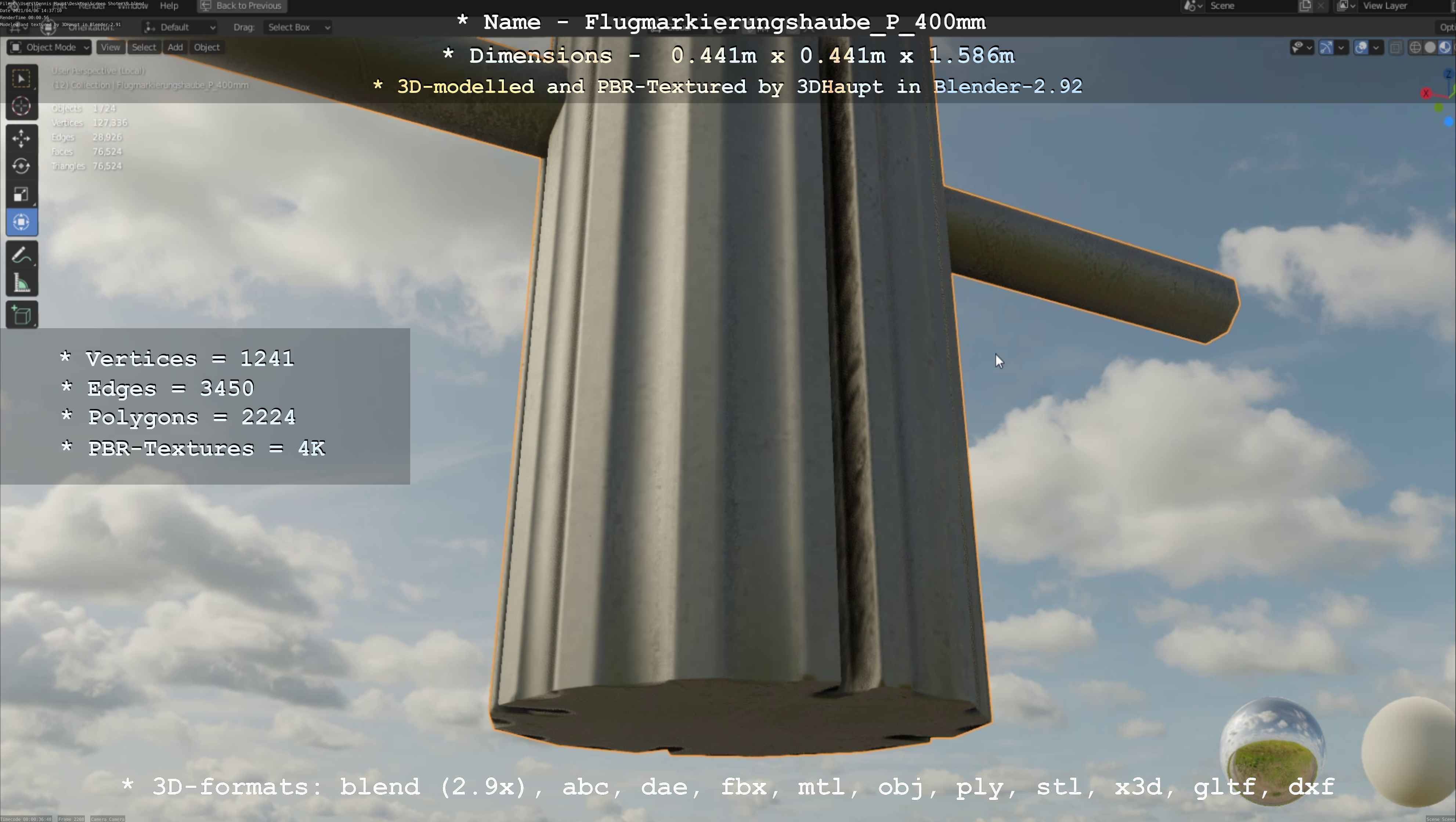 Flugmarkierungshaube mit Aluminiumpfosten 400mm Low-poly 3D model_109