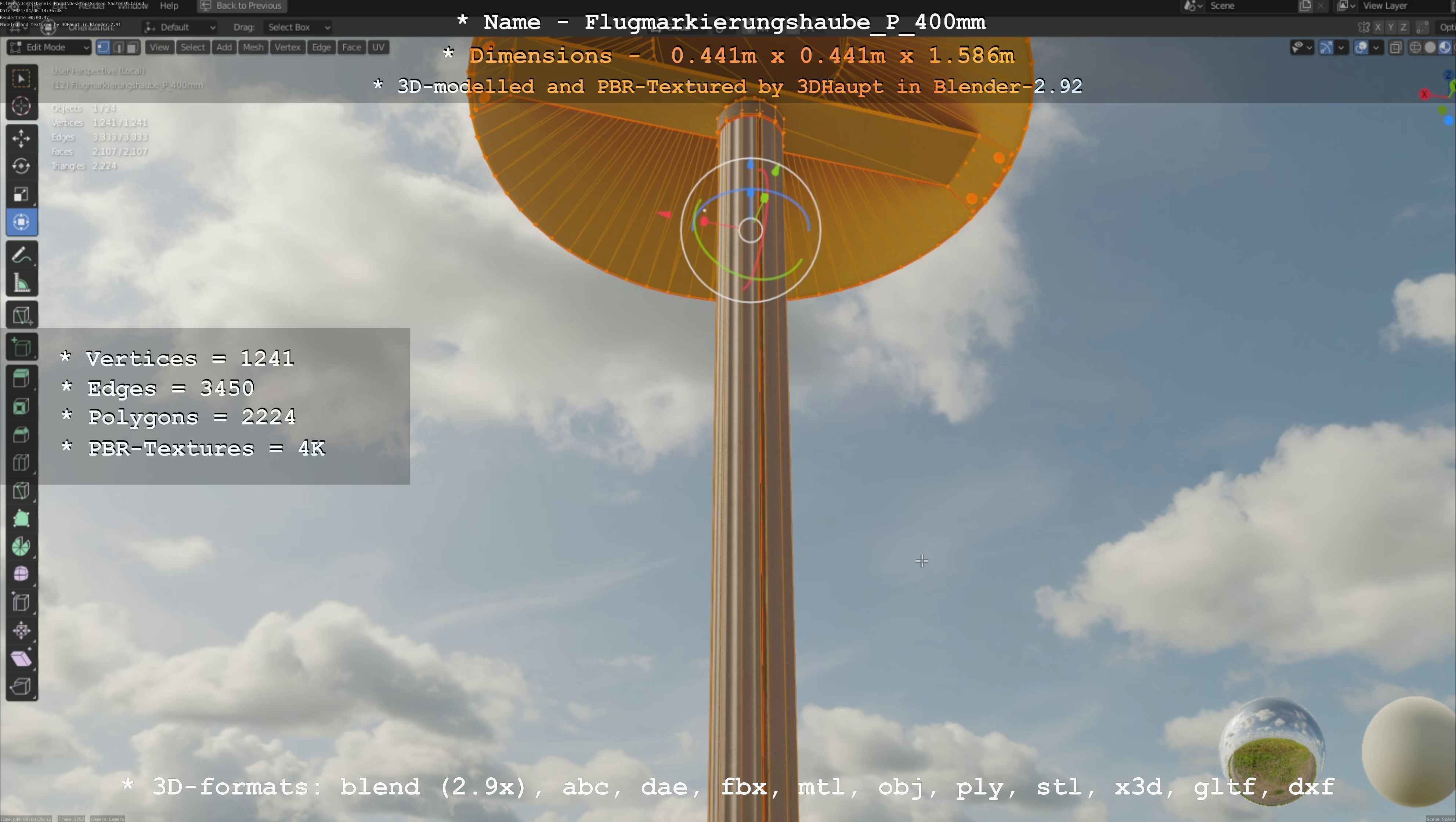 Flugmarkierungshaube mit Aluminiumpfosten 400mm Low-poly 3D model_12