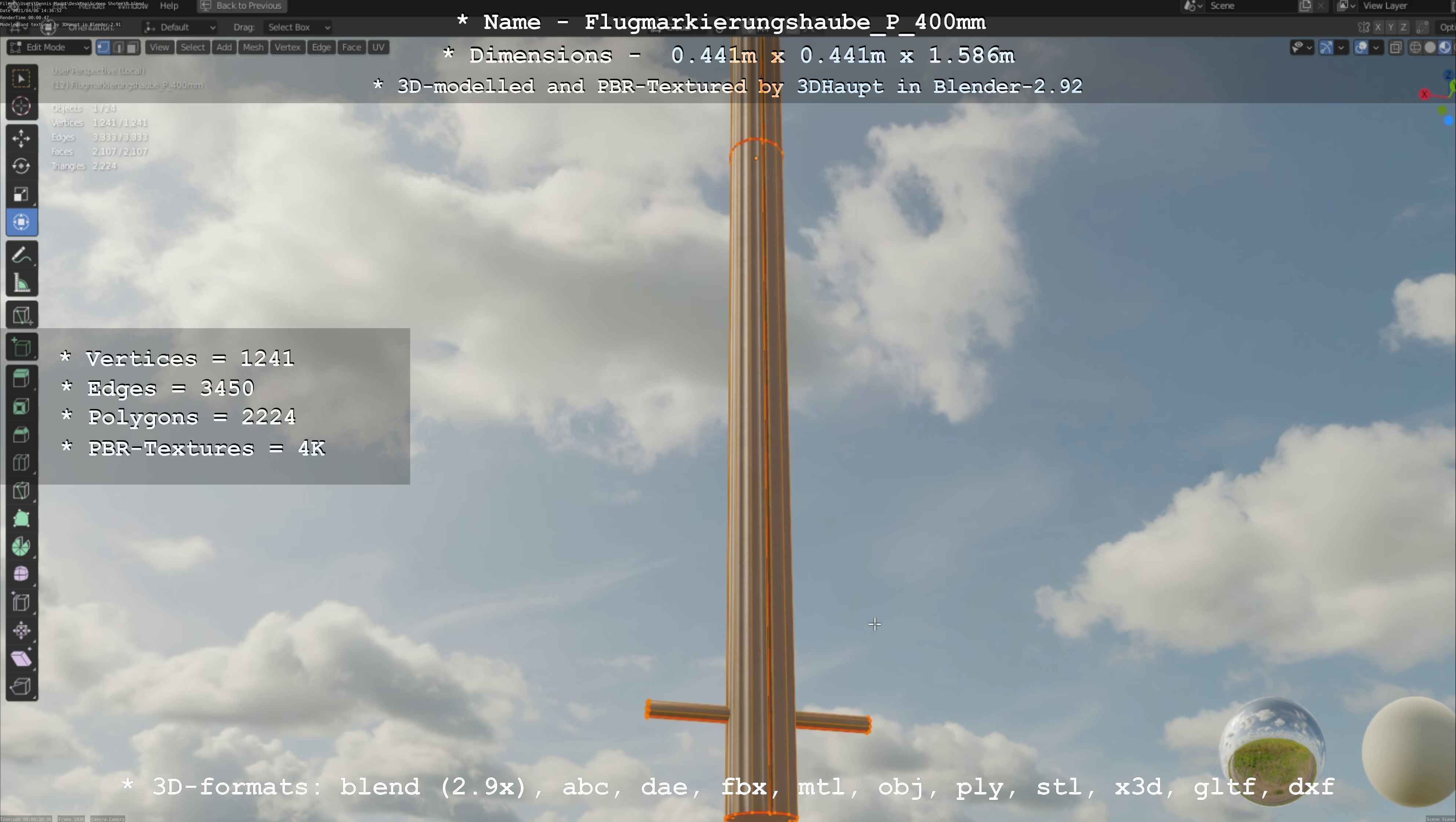 Flugmarkierungshaube mit Aluminiumpfosten 400mm Low-poly 3D model_102