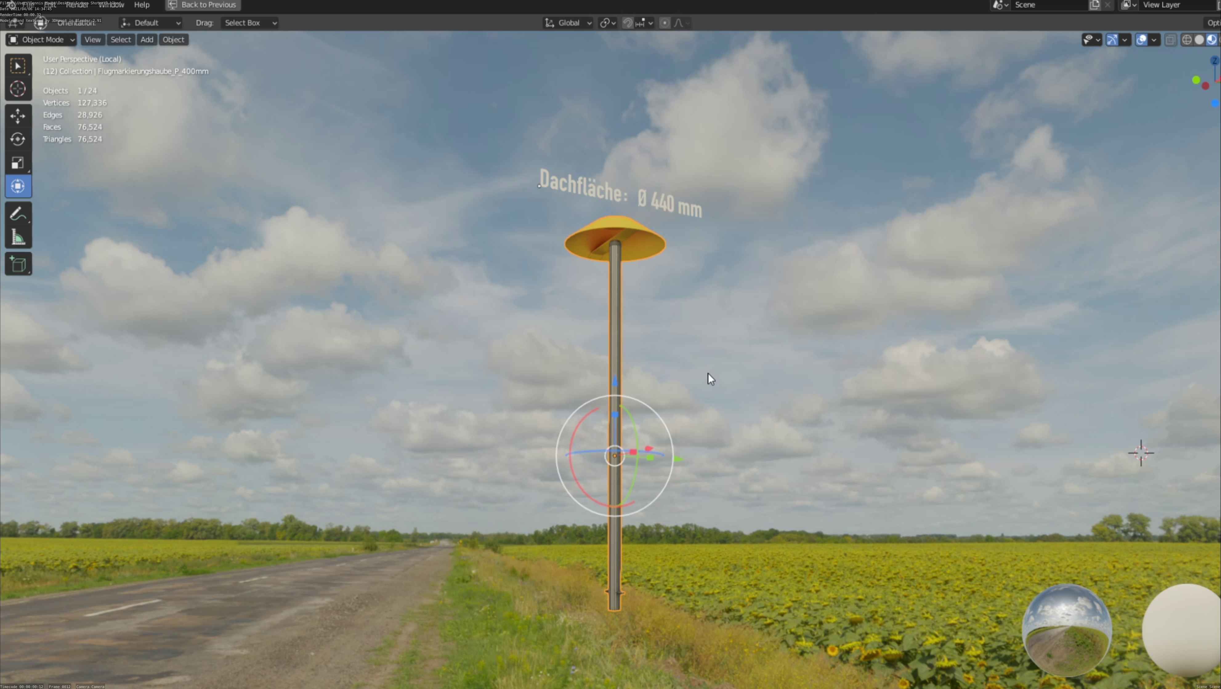 Flugmarkierungshaube mit Aluminiumpfosten 400mm Low-poly 3D model_28