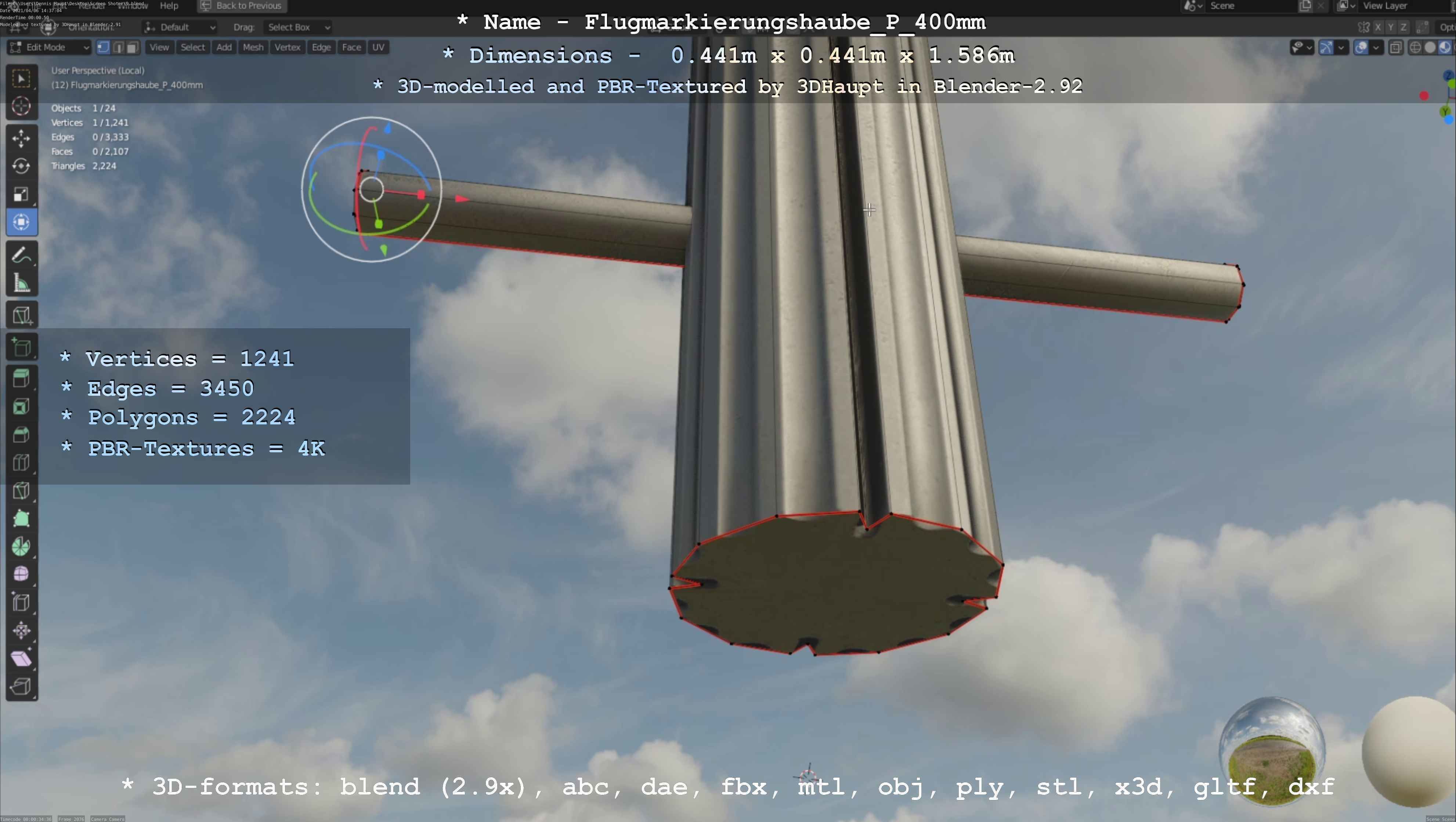 Flugmarkierungshaube mit Aluminiumpfosten 400mm Low-poly 3D model_17