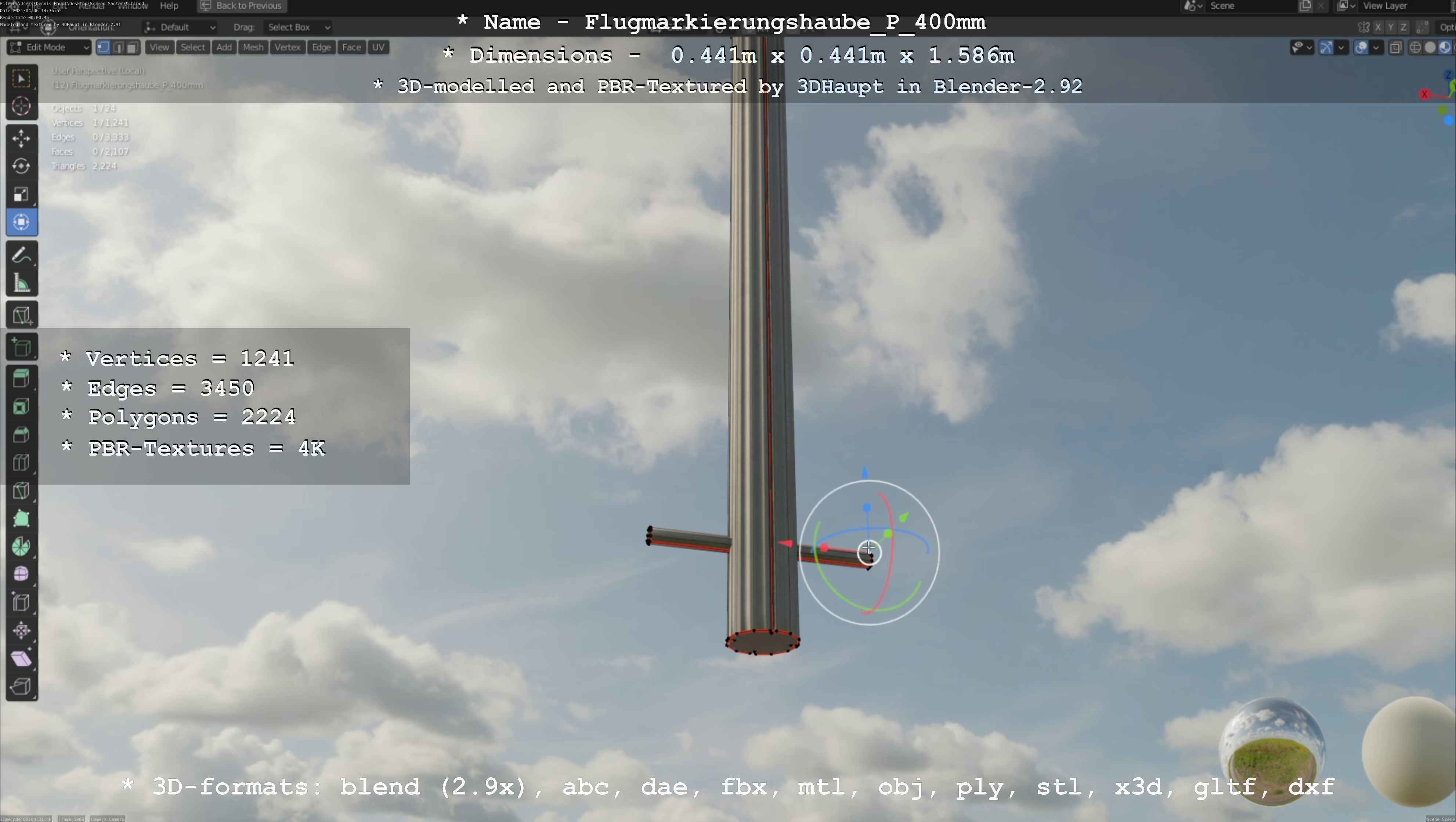 Flugmarkierungshaube mit Aluminiumpfosten 400mm Low-poly 3D model_103