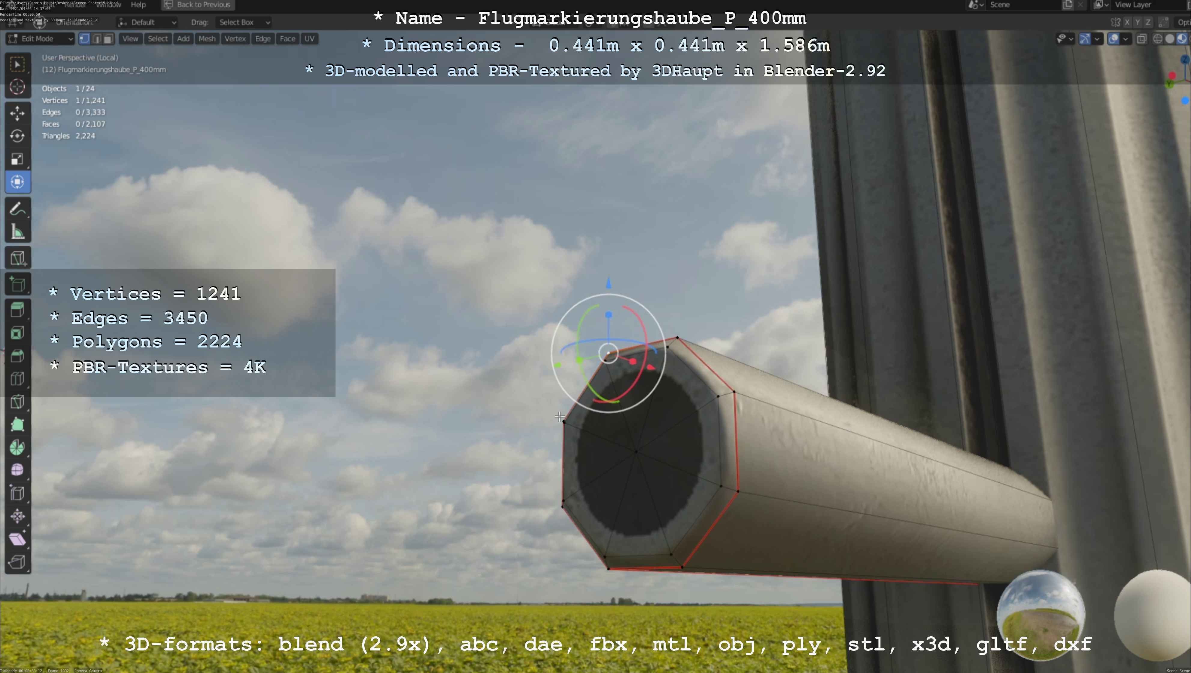 Flugmarkierungshaube mit Aluminiumpfosten 400mm Low-poly 3D model_14