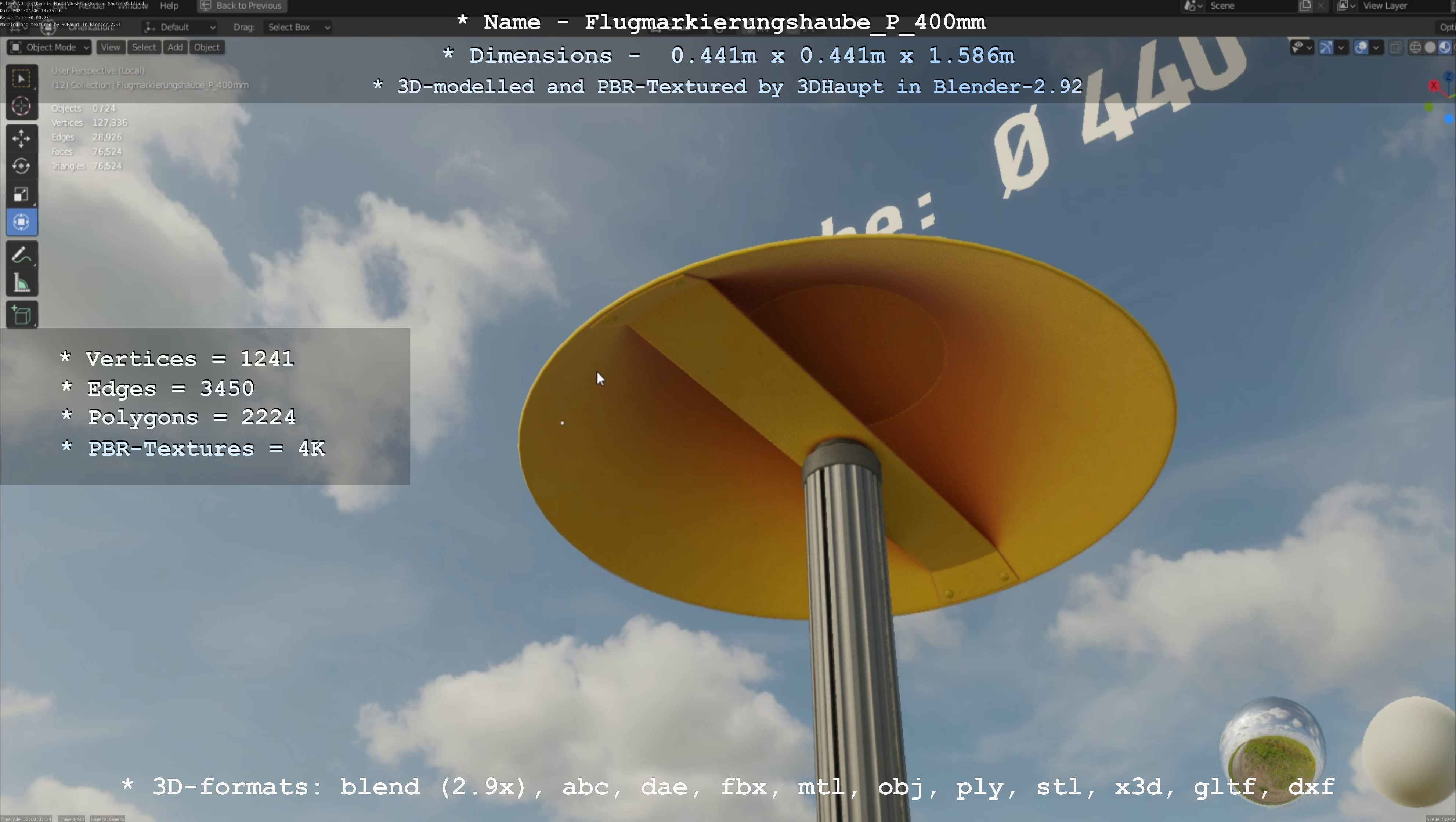 Flugmarkierungshaube mit Aluminiumpfosten 400mm Low-poly 3D model_67