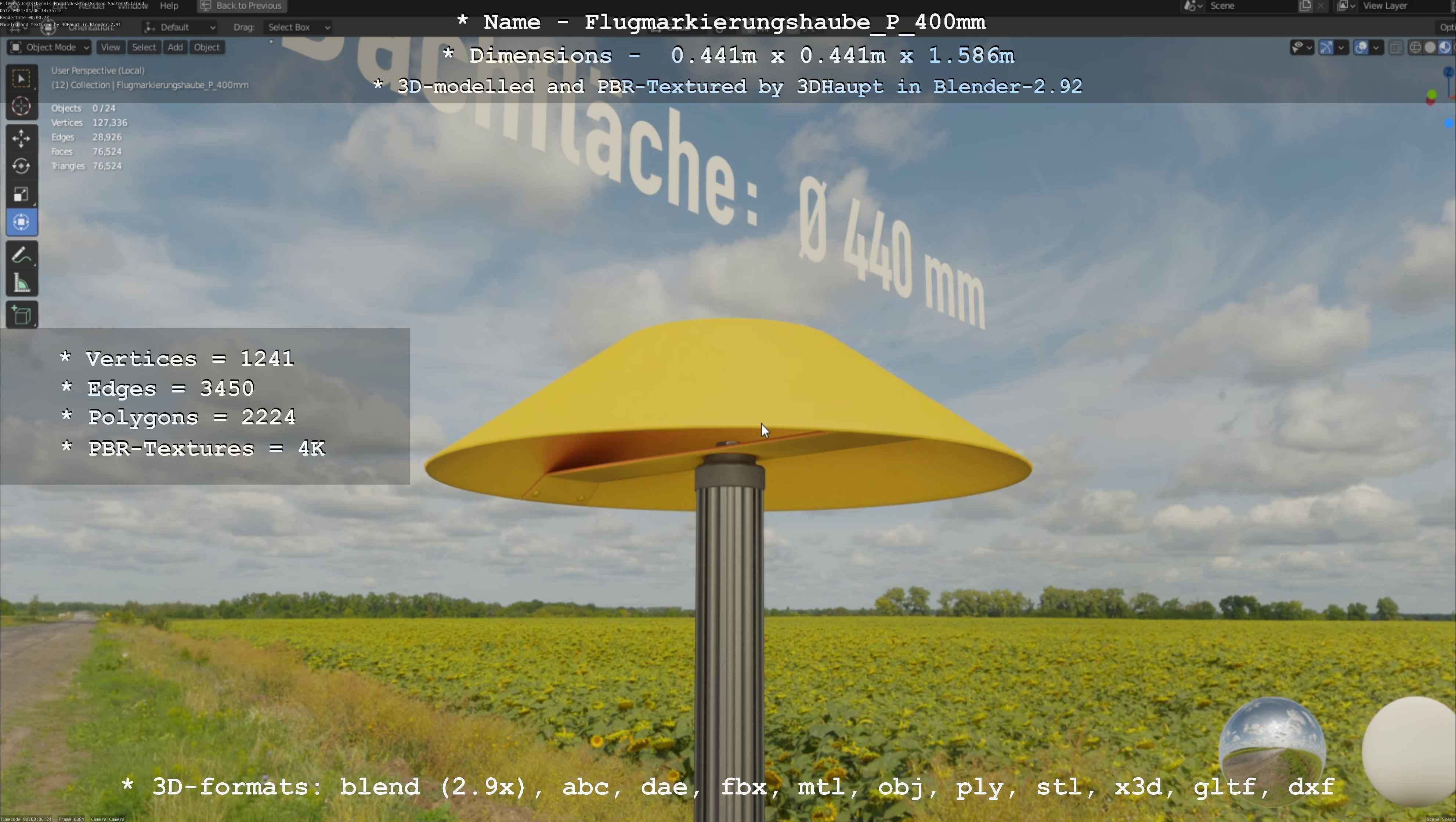 Flugmarkierungshaube mit Aluminiumpfosten 400mm Low-poly 3D model_34