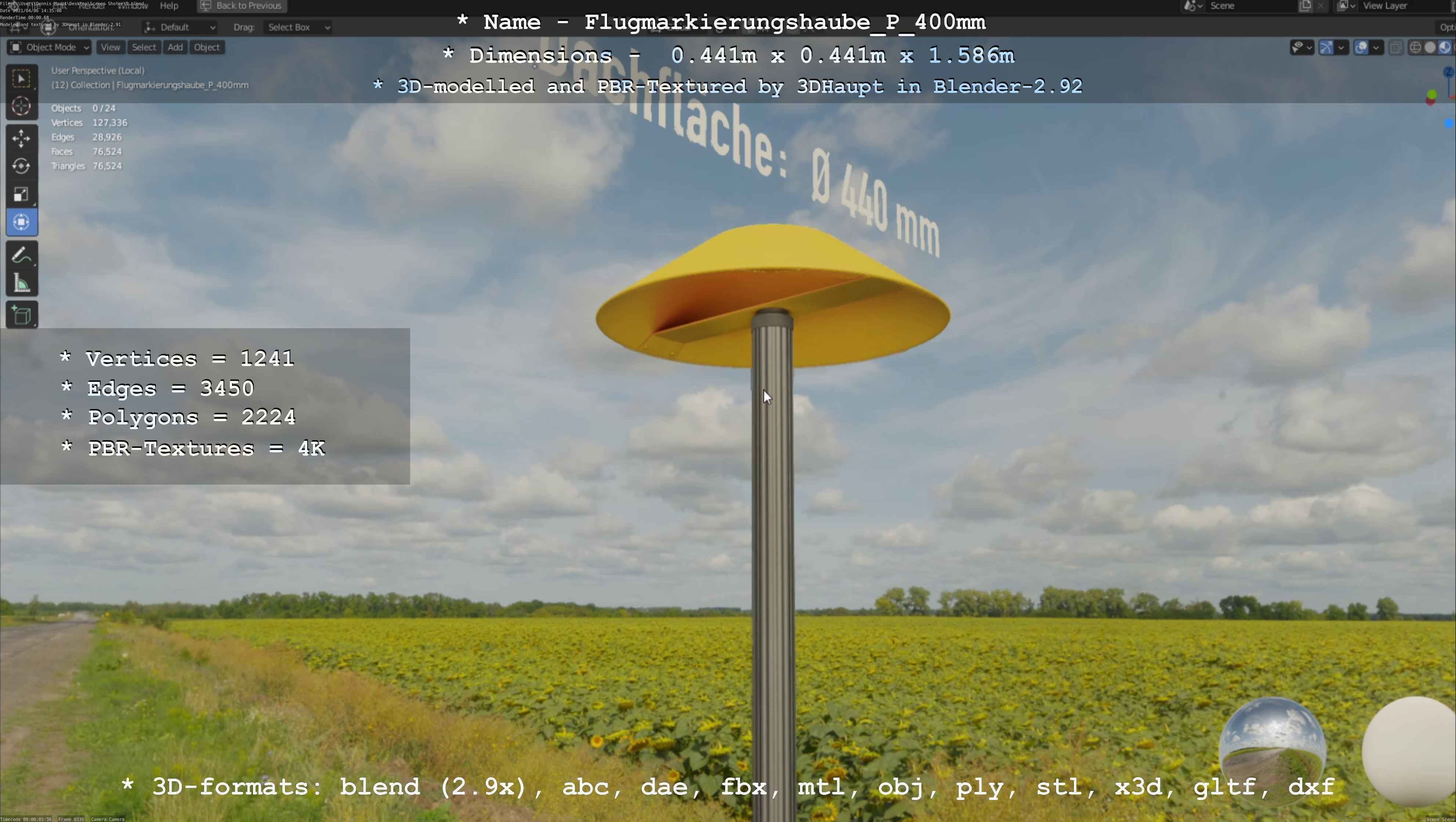 Flugmarkierungshaube mit Aluminiumpfosten 400mm Low-poly 3D model_64