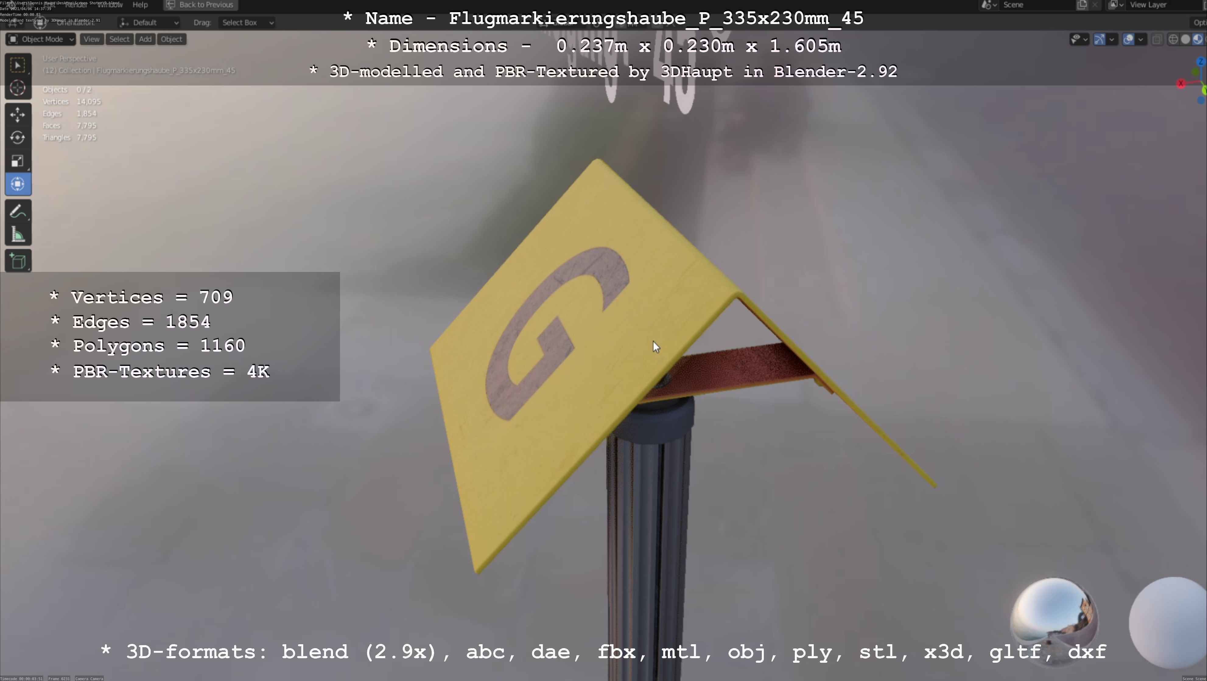 Flugmarkierungshaube mit Aluminiumpfosten 335x230mm 45 Low-poly 3D model_34