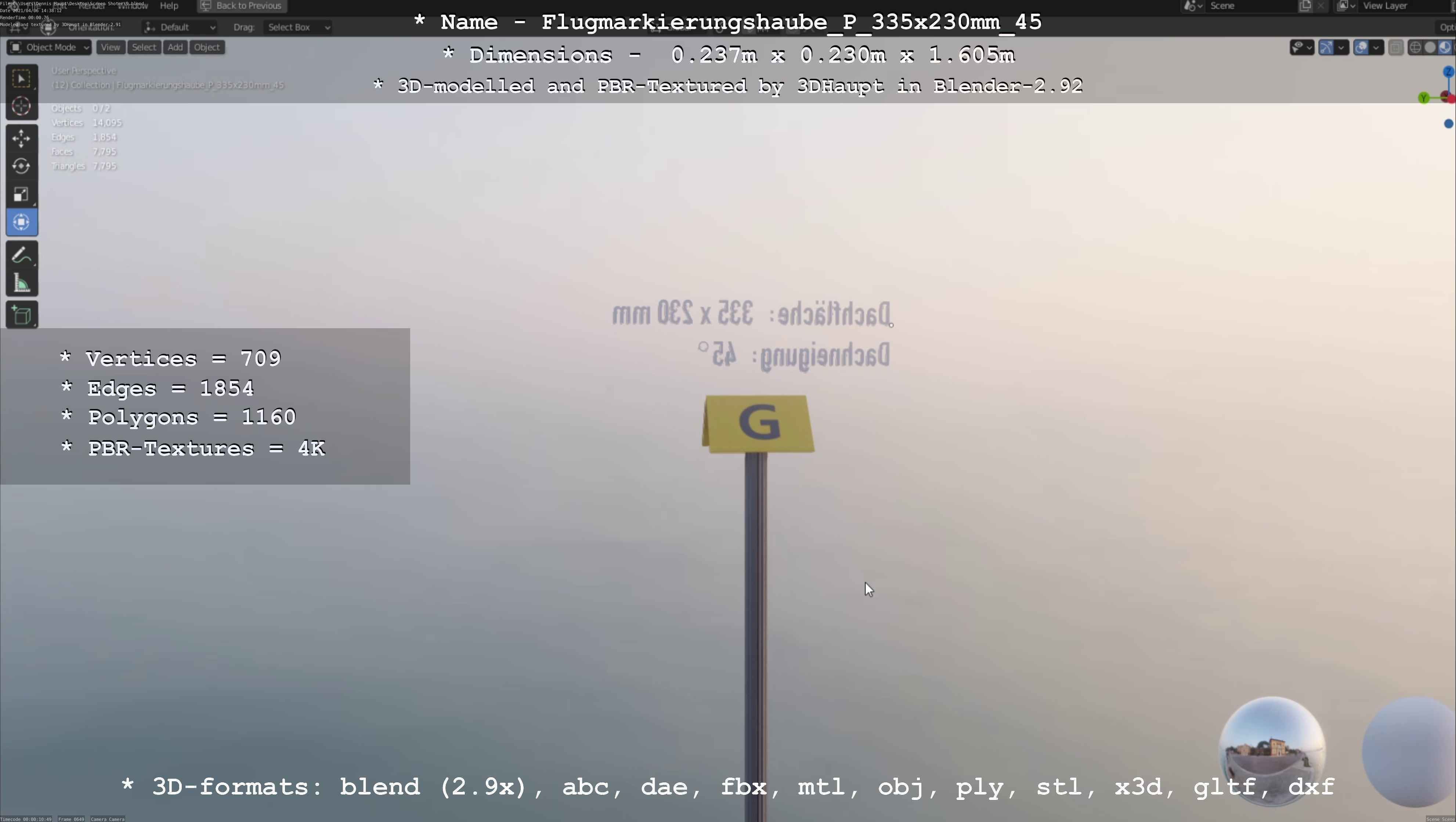 Flugmarkierungshaube mit Aluminiumpfosten 335x230mm 45 Low-poly 3D model_124