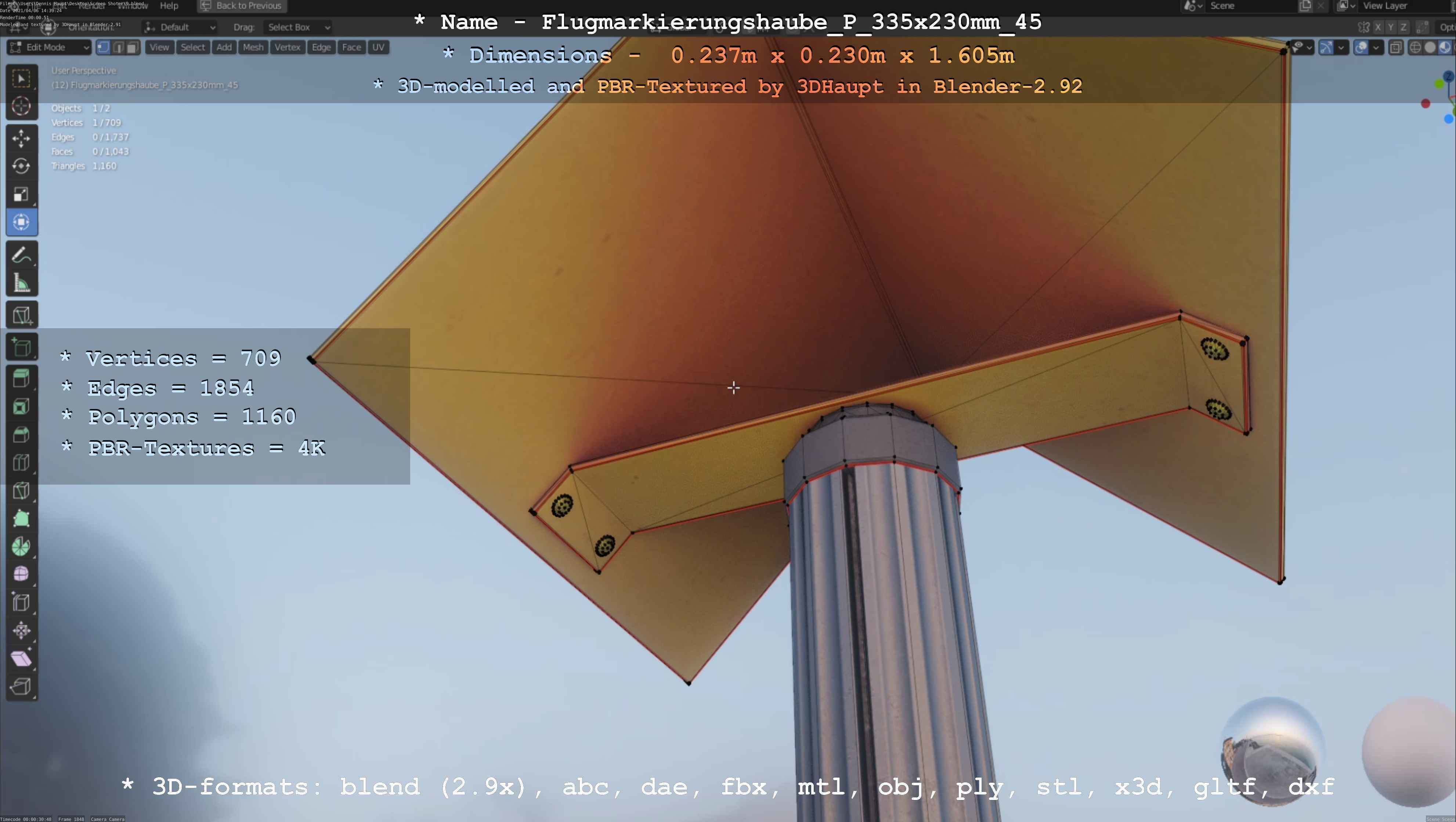Flugmarkierungshaube mit Aluminiumpfosten 335x230mm 45 Low-poly 3D model_12