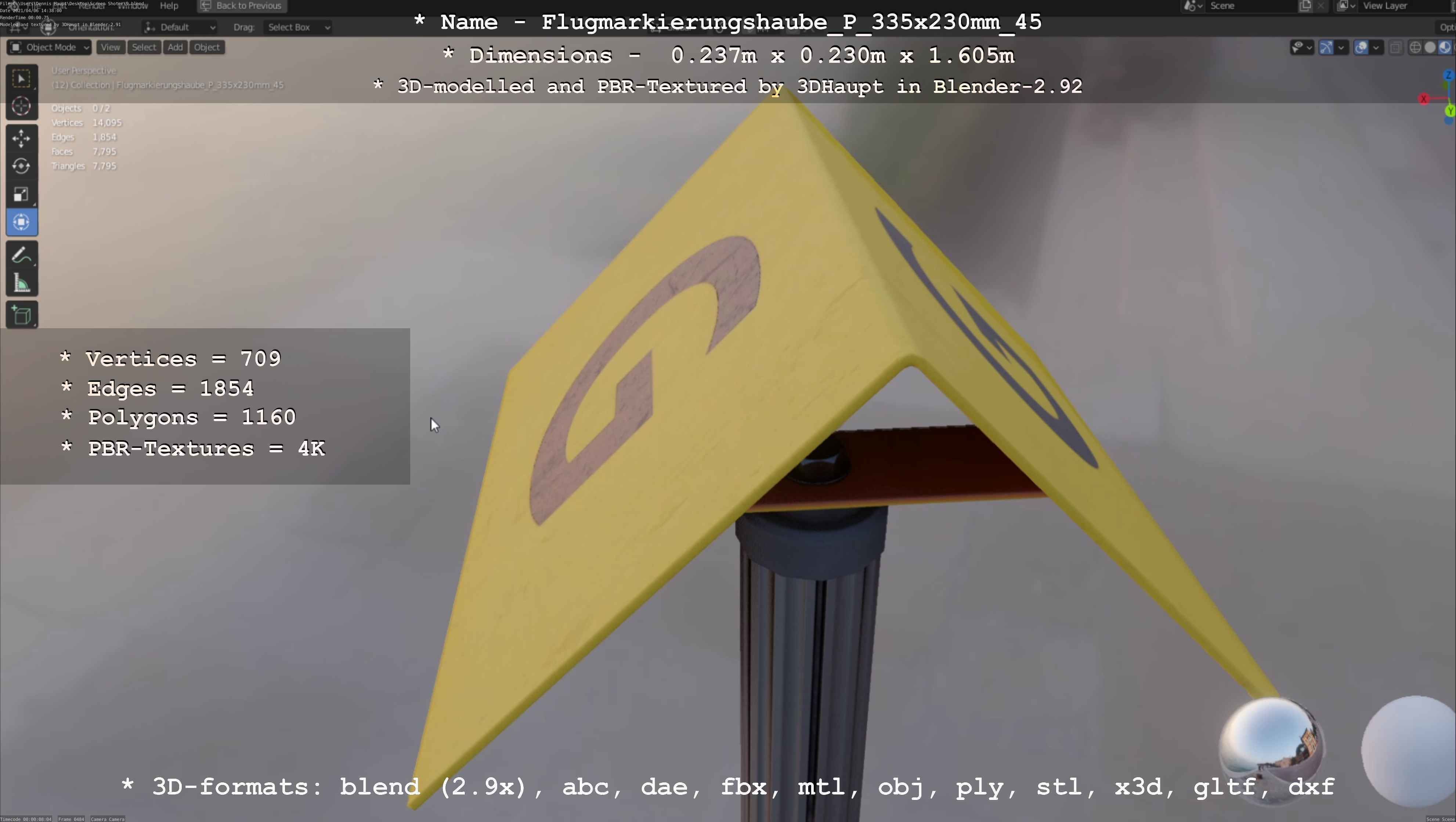 Flugmarkierungshaube mit Aluminiumpfosten 335x230mm 45 Low-poly 3D model_110