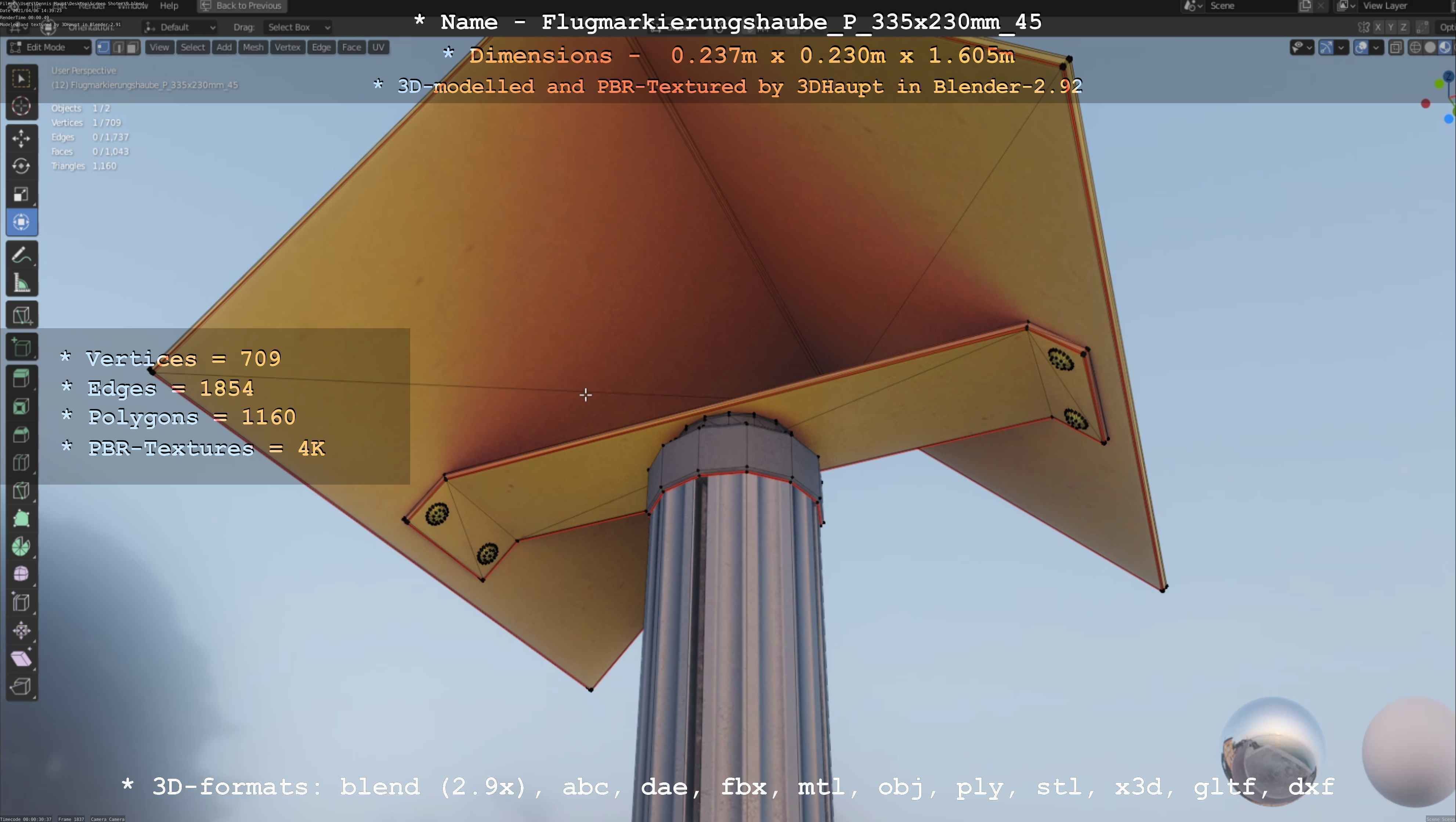 Flugmarkierungshaube mit Aluminiumpfosten 335x230mm 45 Low-poly 3D model_54