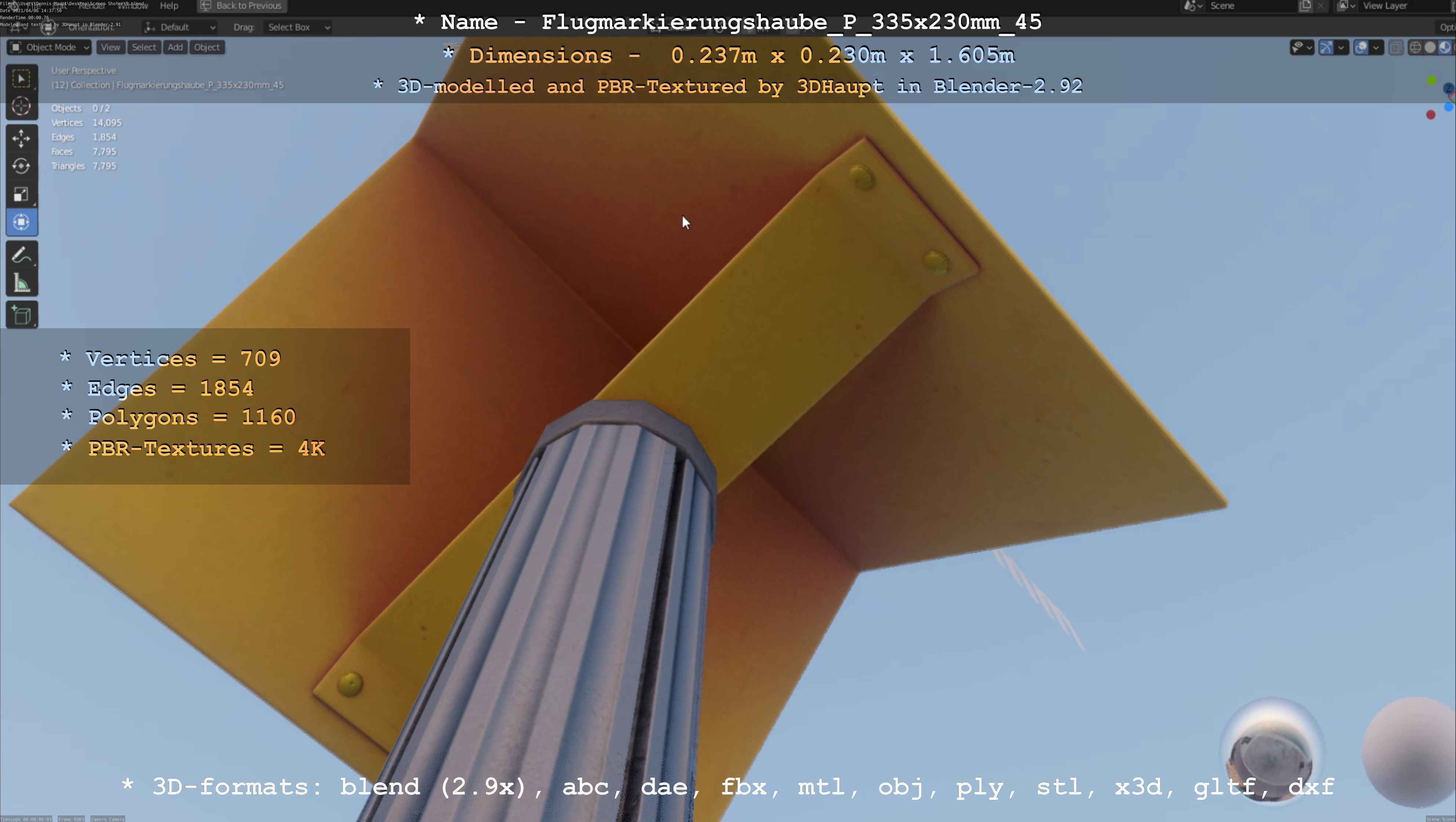 Flugmarkierungshaube mit Aluminiumpfosten 335x230mm 45 Low-poly 3D model_100