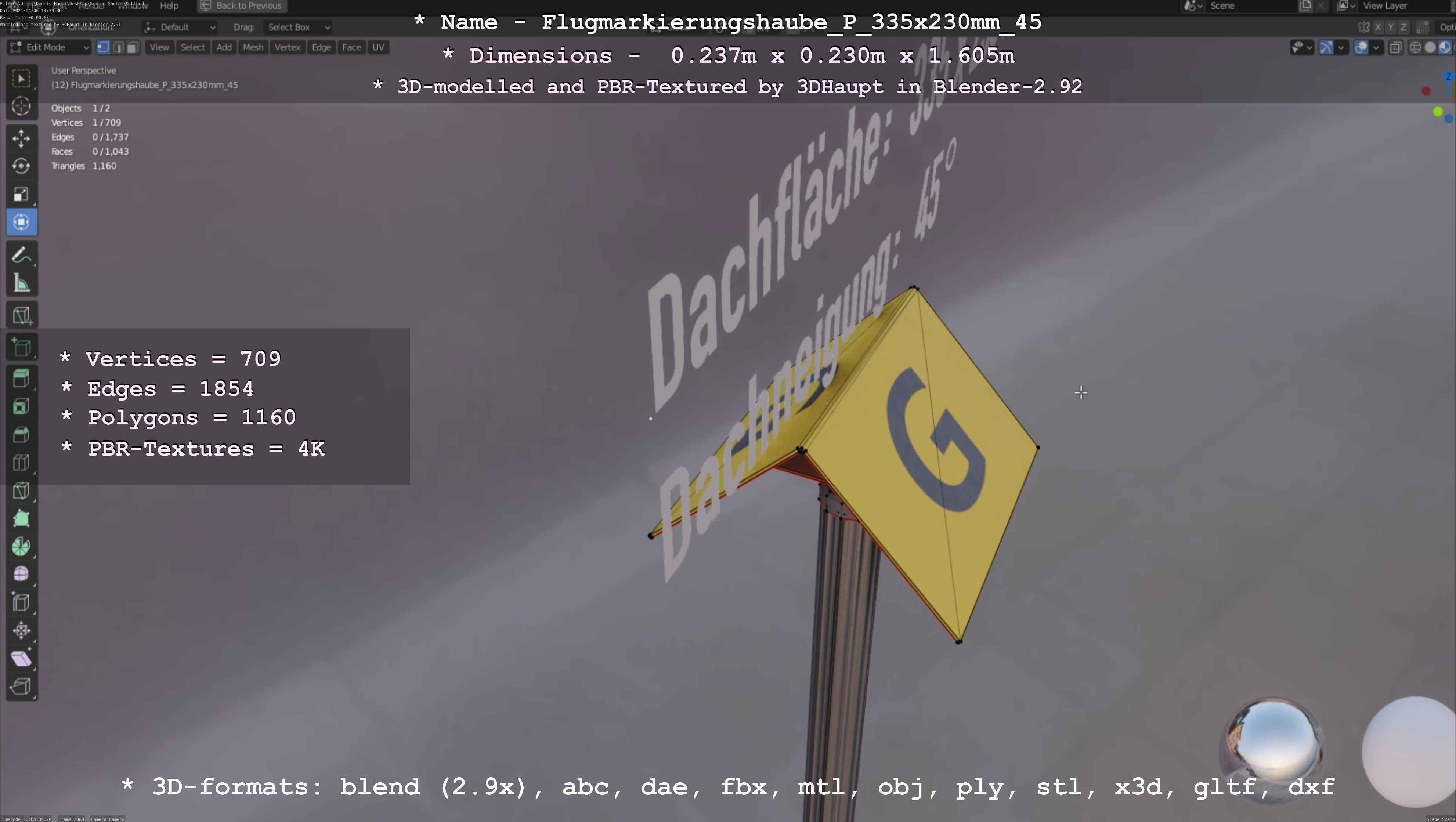 Flugmarkierungshaube mit Aluminiumpfosten 335x230mm 45 Low-poly 3D model_60