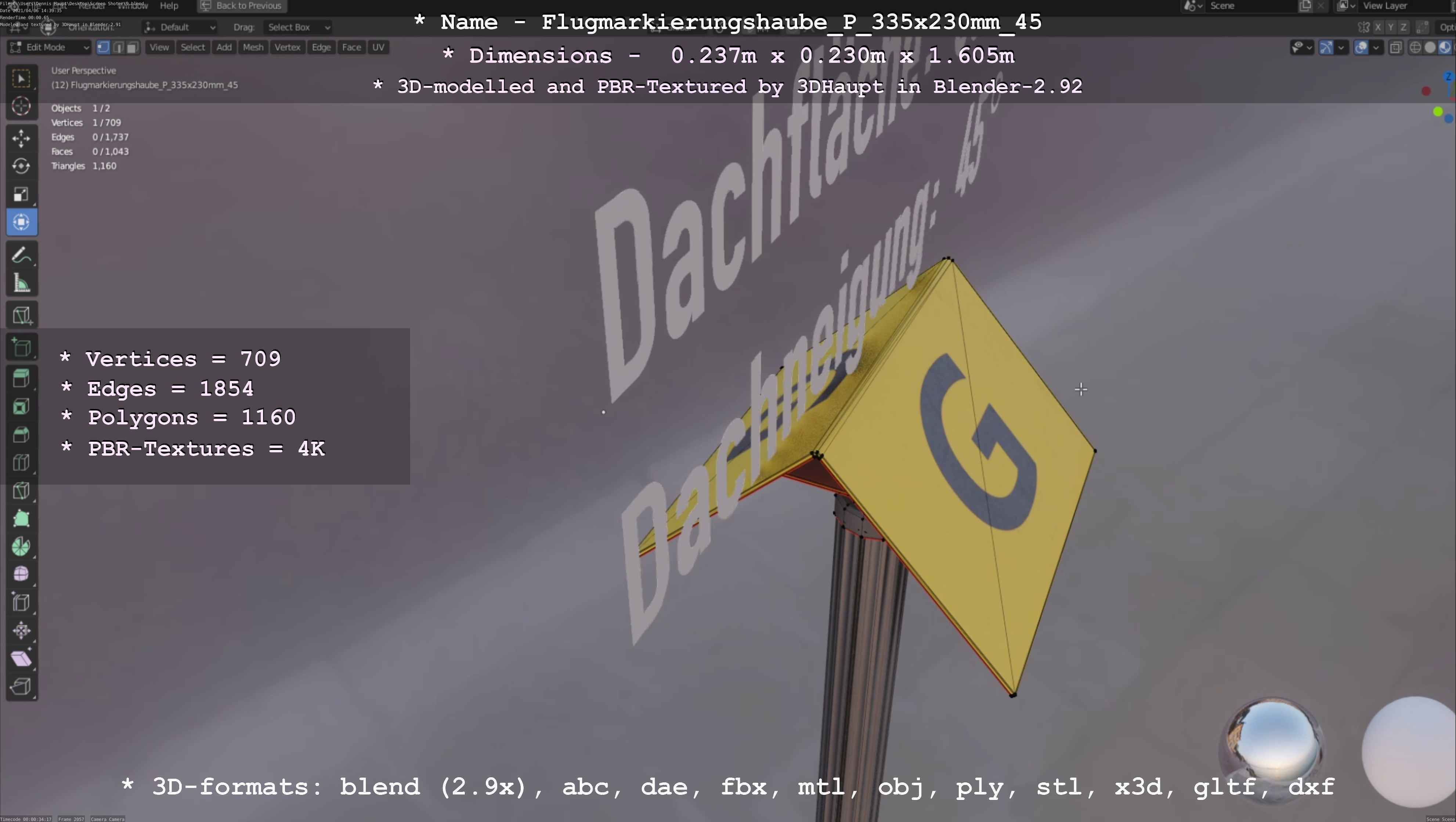 Flugmarkierungshaube mit Aluminiumpfosten 335x230mm 45 Low-poly 3D model_59