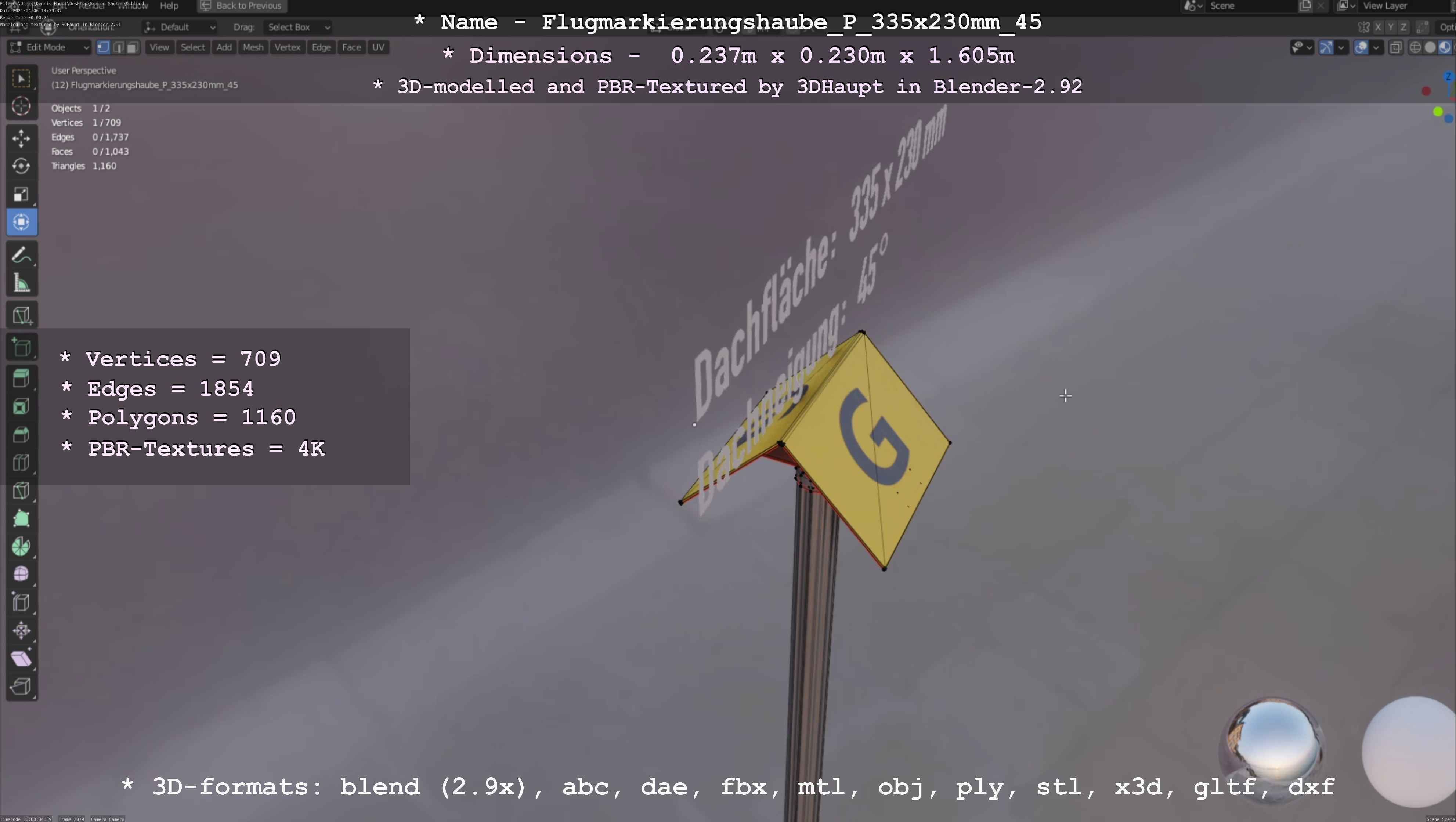 Flugmarkierungshaube mit Aluminiumpfosten 335x230mm 45 Low-poly 3D model_61